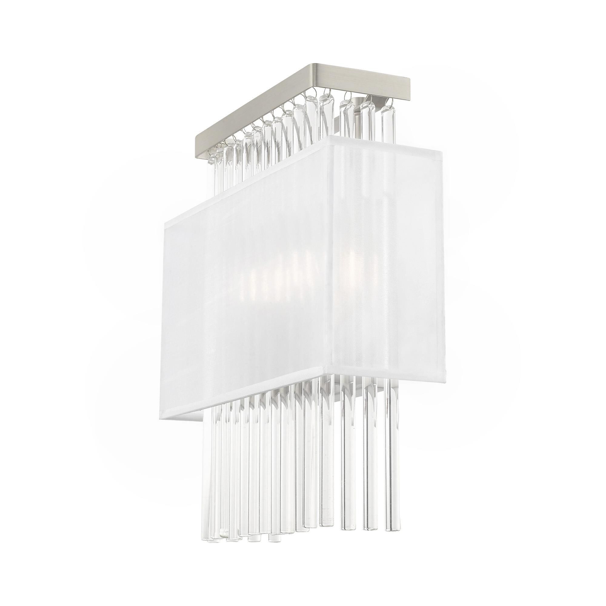Shown in Brushed Nickel finish and Clear Crystal Rods with Hand Crafted Translucent Fabric shade