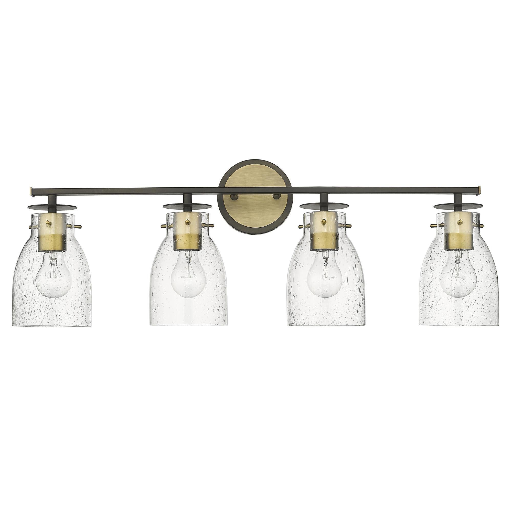 Shown in Oil Rubbed Bronze And Antique Brass finish and Clear Seedy Glass shade