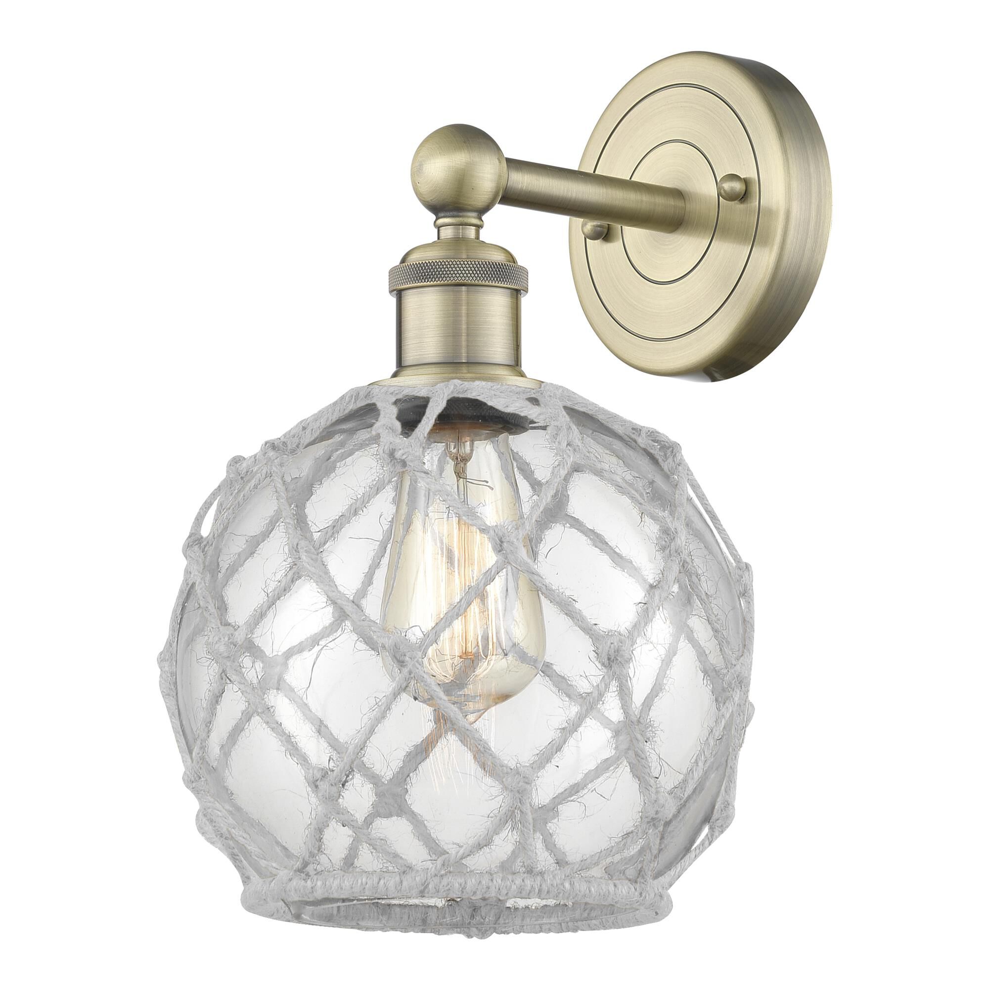 Shown in Antique Brass finish and Clear with White Rope glass