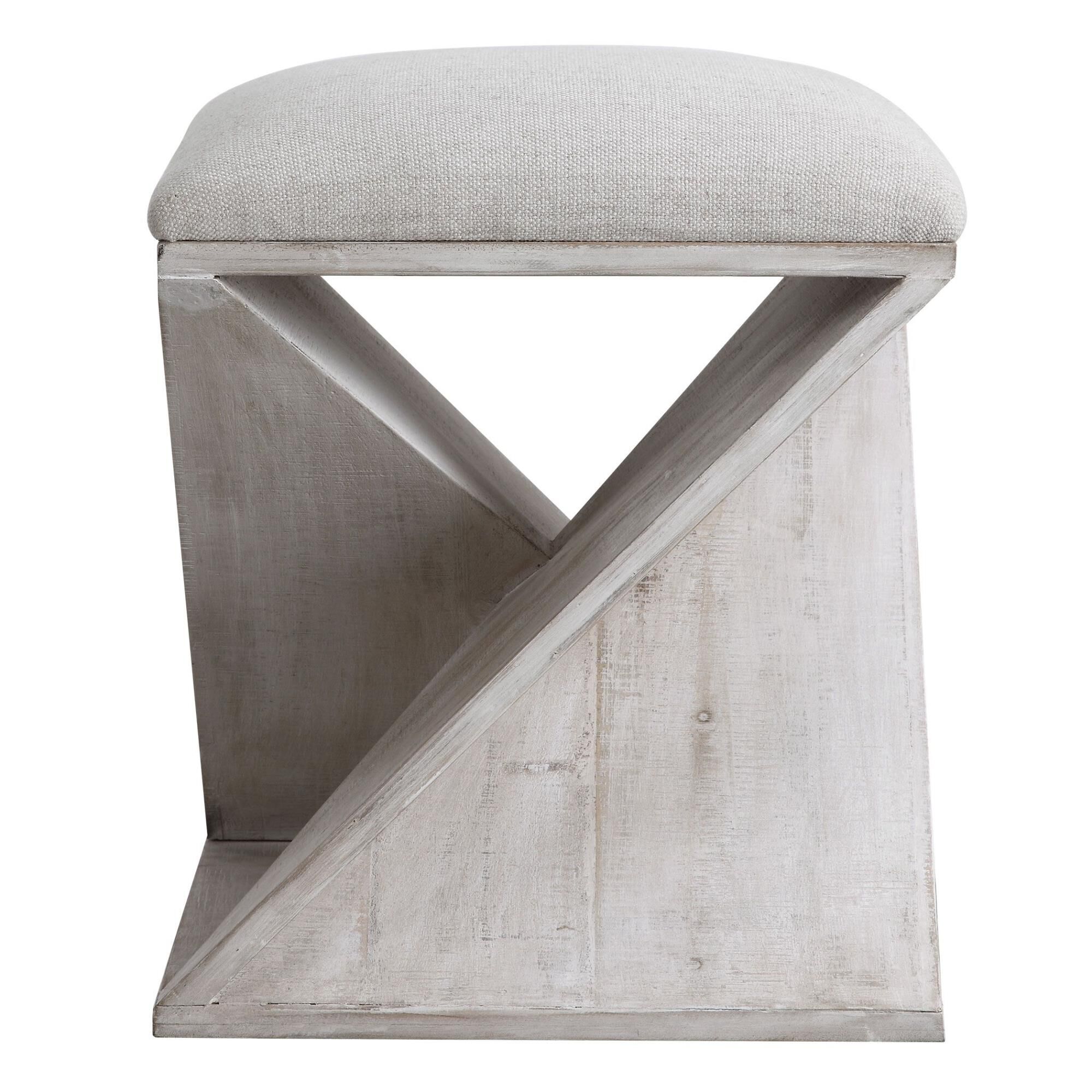 Shown in This Coastal Style Ottoman Features A Unique Asymmetrical Base In White Washed, Weathered Fir Wood W finish