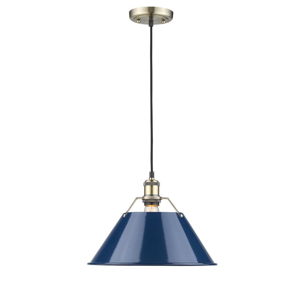 Shown in Aged Brass finish and Navy Blue shade