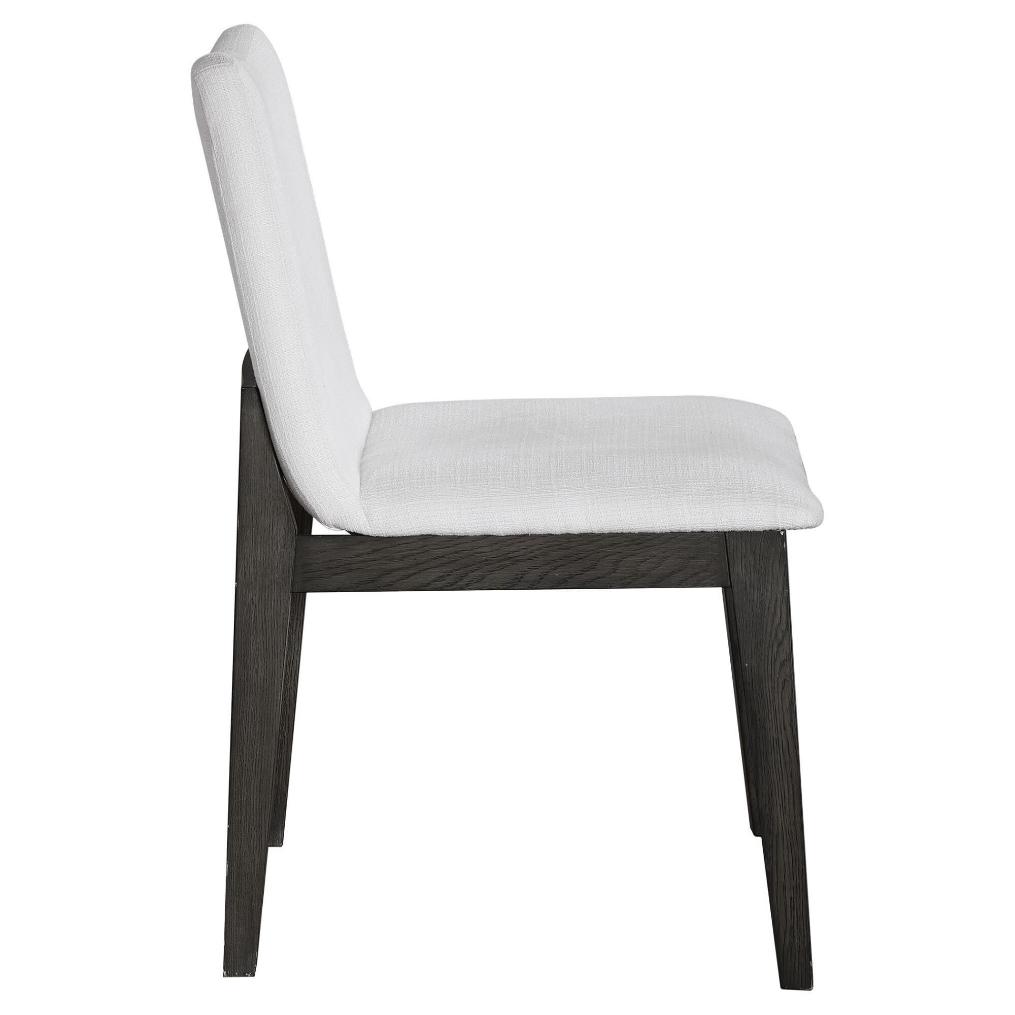 Shown in Gently Sloped Padded Seat In A Crisp White Polyester Blend Fabric Rests Within A Solid Oak Wood Fram finish