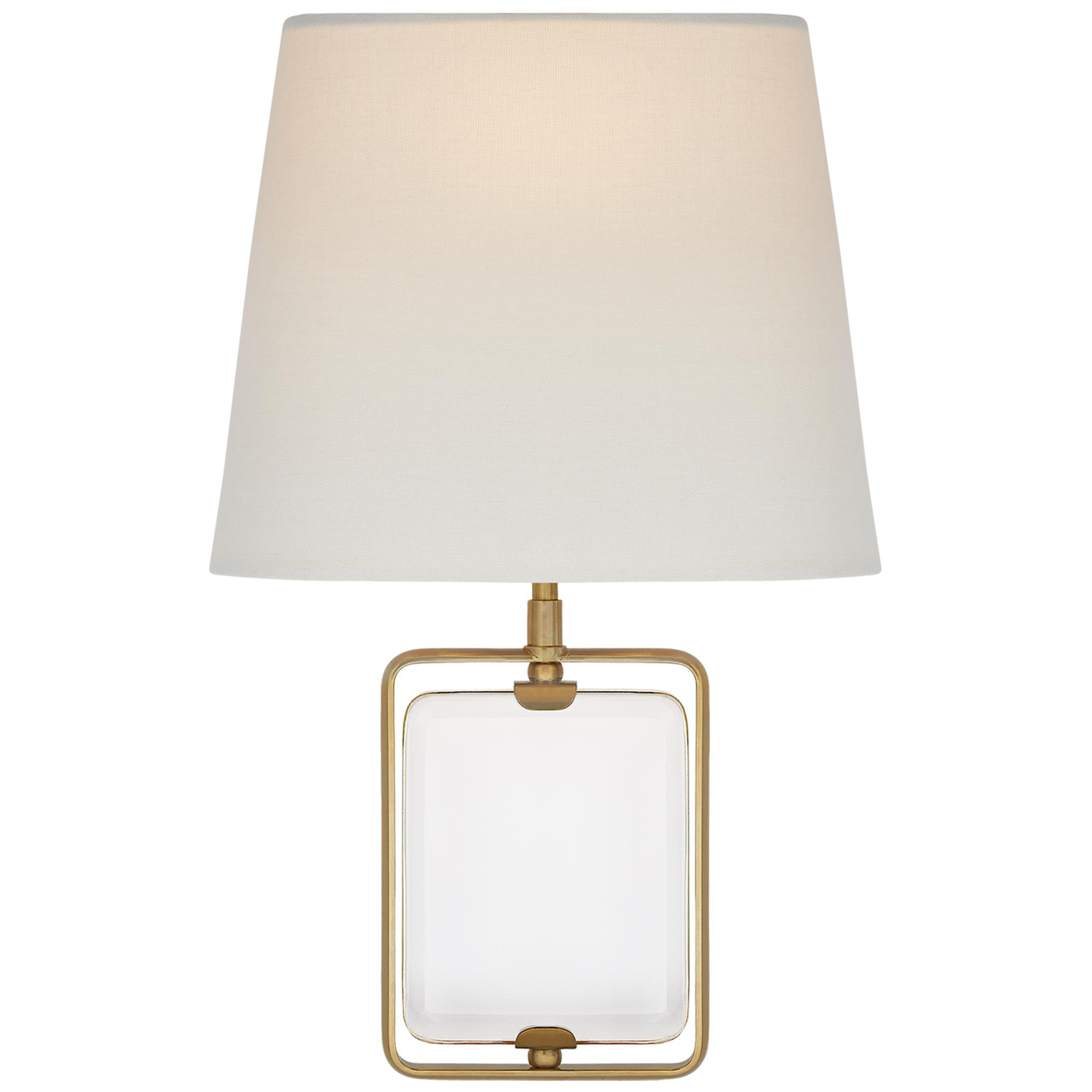 Shown in Crystal and Hand-Rubbed Antique Brass finish and Linen Shield shade