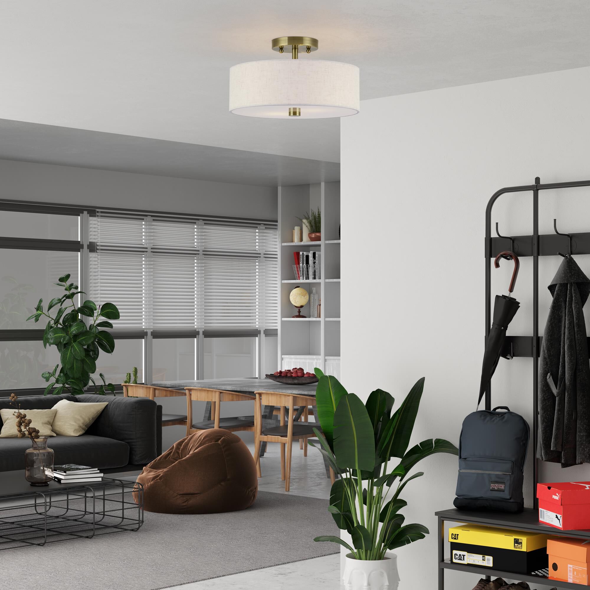 Shown in Antique Brass finish and Hand Crafted Oatmeal Color Fabric with White Color Inside shade