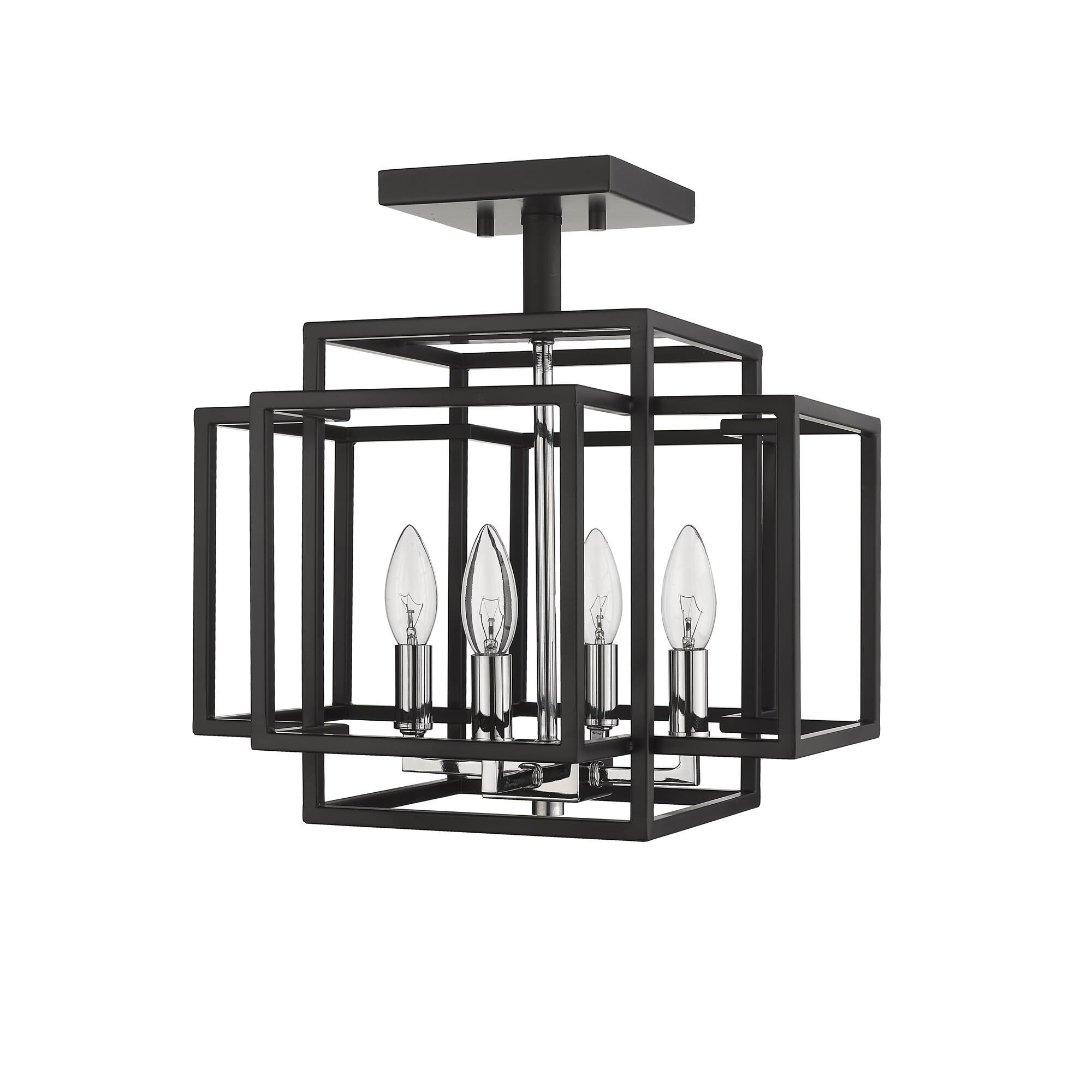 Shown in Black + Chrome finish and --- glass and --- shade