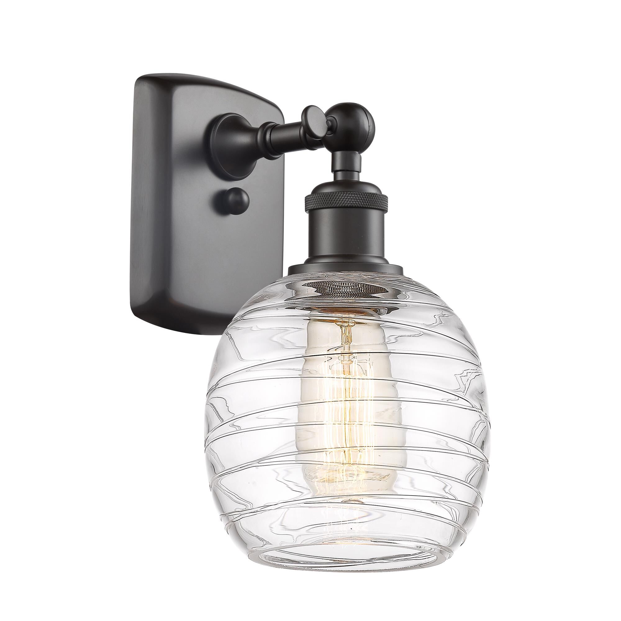 Shown in Oil Rubbed Bronze finish and Deco Swirl Belfast glass