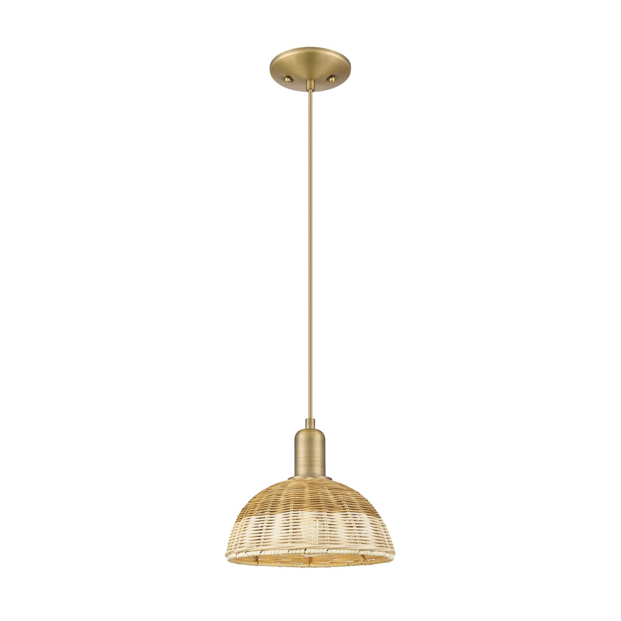 Shown in Brushed Brass finish and Natural Fiber shade