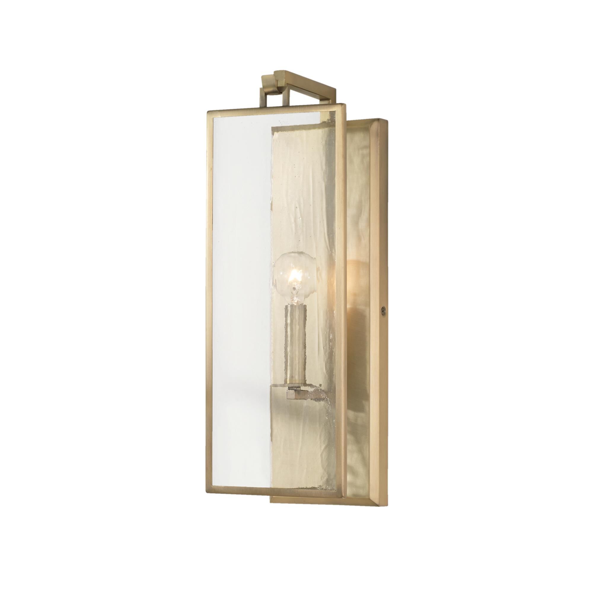 Shown in Aged Brass finish and Antiqued Rain glass
