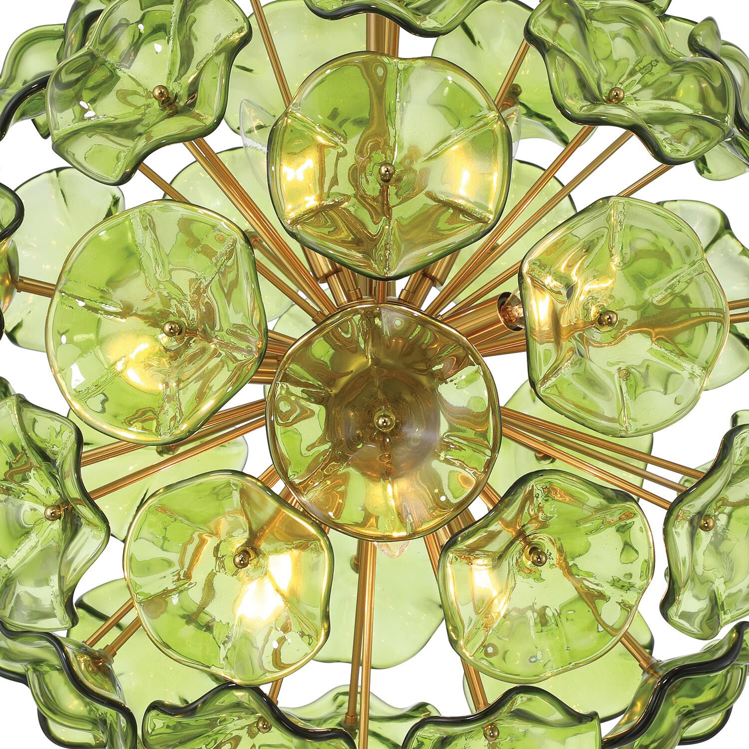 Shown in Aged Brass finish and Floral Petals Green glass