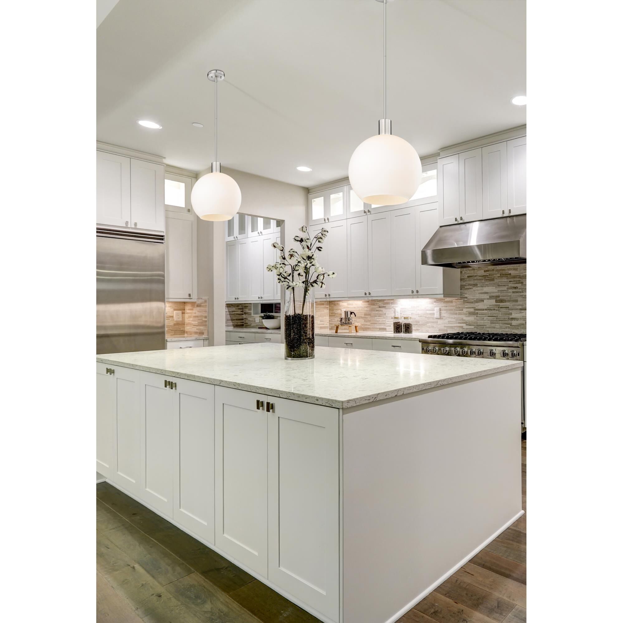 Shown in Brushed Nickel finish and White glass and White shade