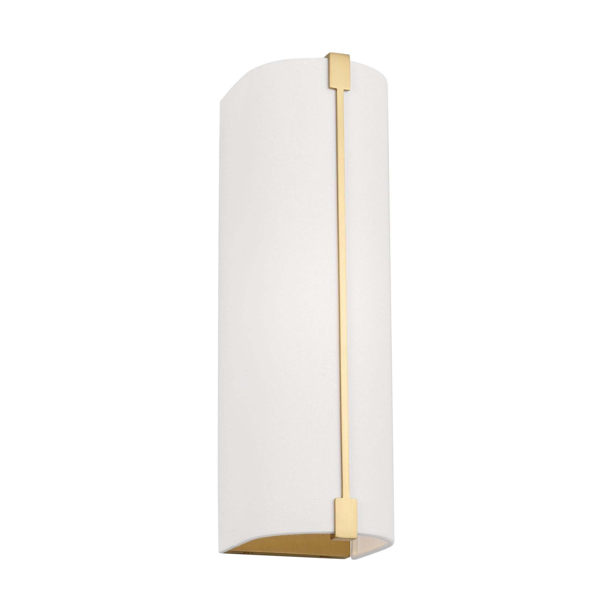 Shown in Burnished Brass finish and White Linen shade