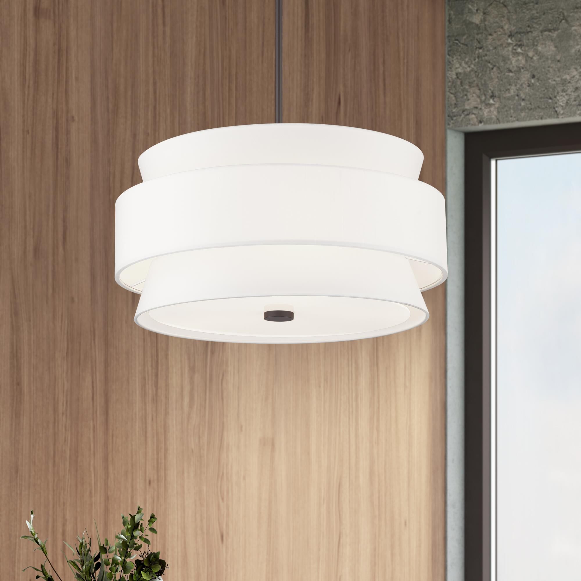 Shown in Bronze finish and Hand Crafted Off-White Fabric Hardbacks with White Fabric Inside shade