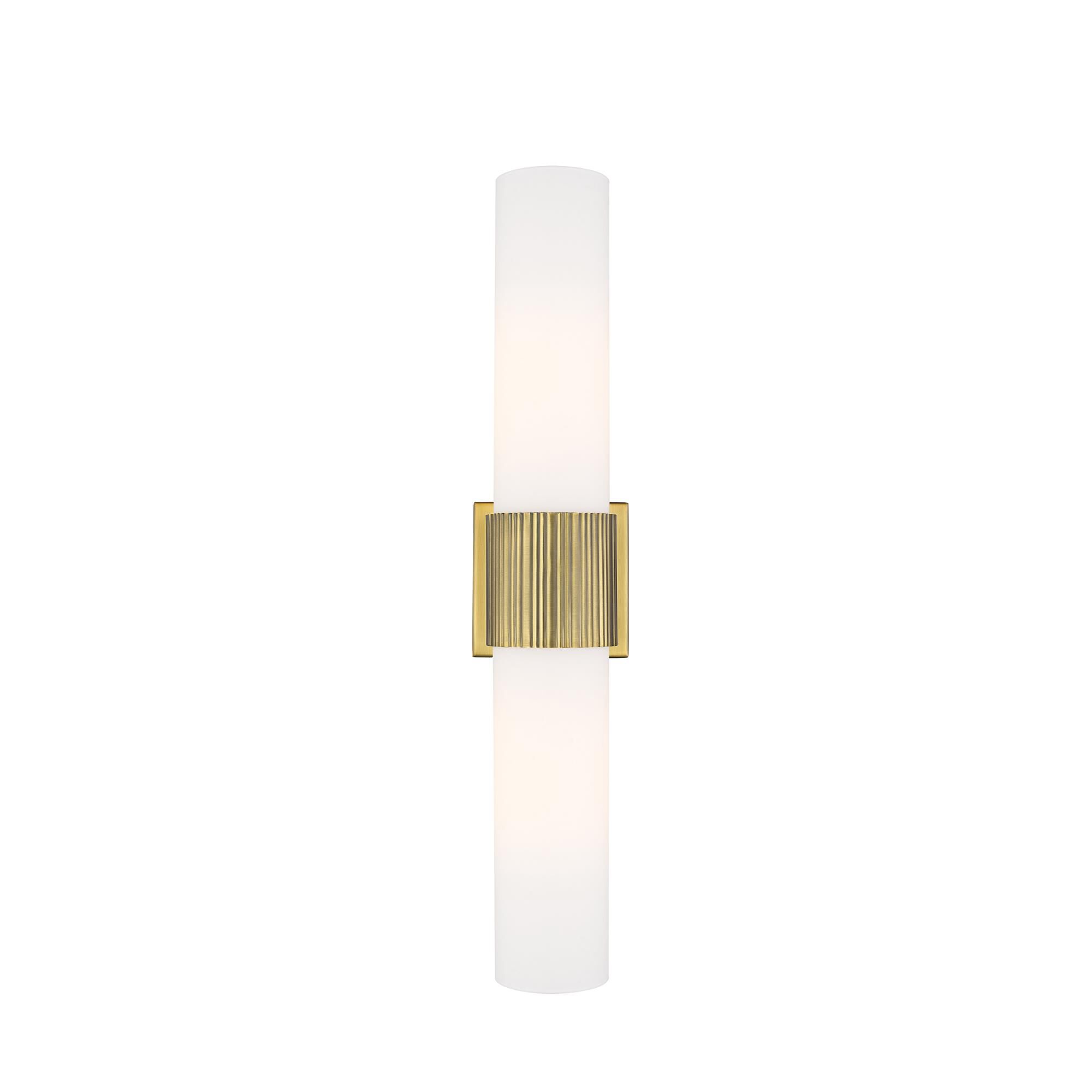 Shown in Brushed Brass finish and Matte White glass