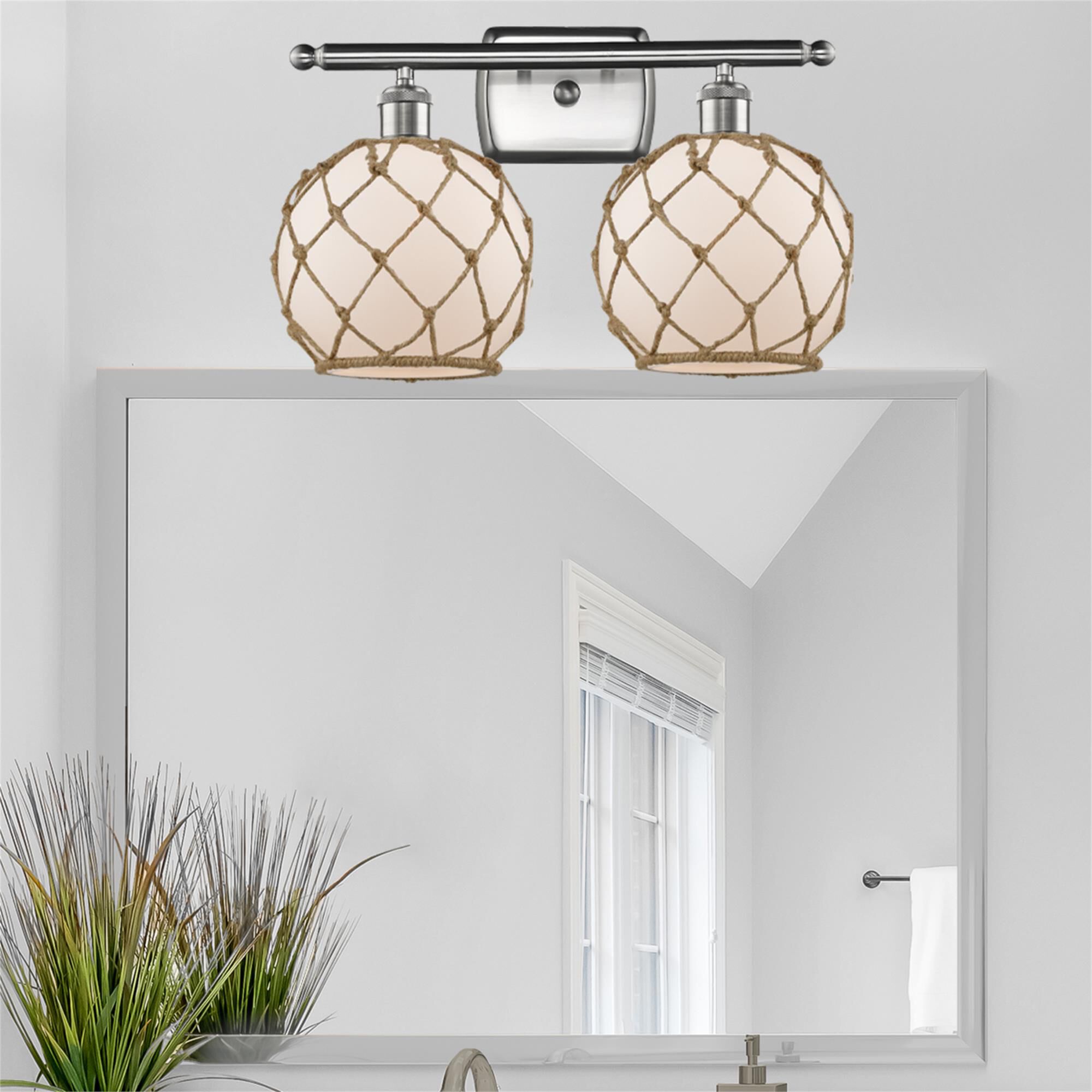 Shown in Brushed Satin Nickel finish and White glass and Brown Rope accent