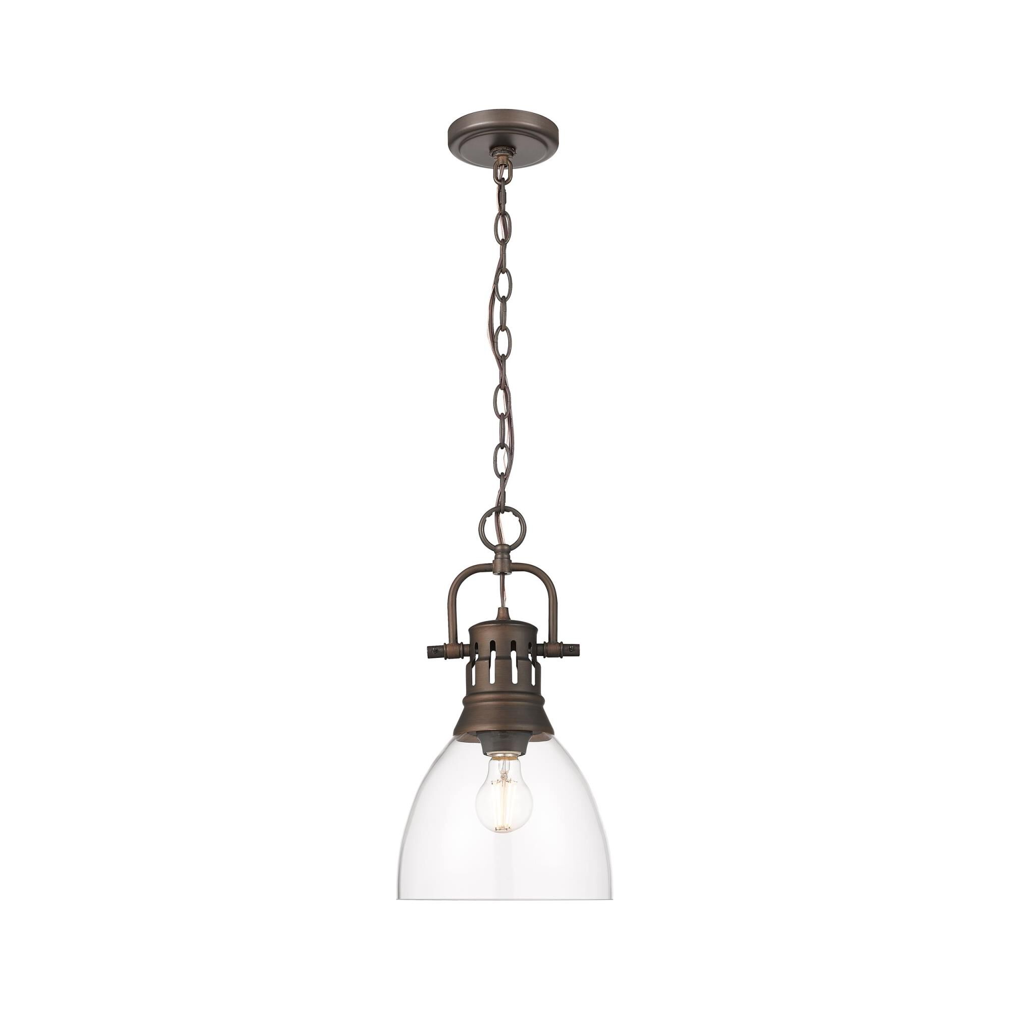 Shown in Rubbed Bronze finish and Clear Glass shade