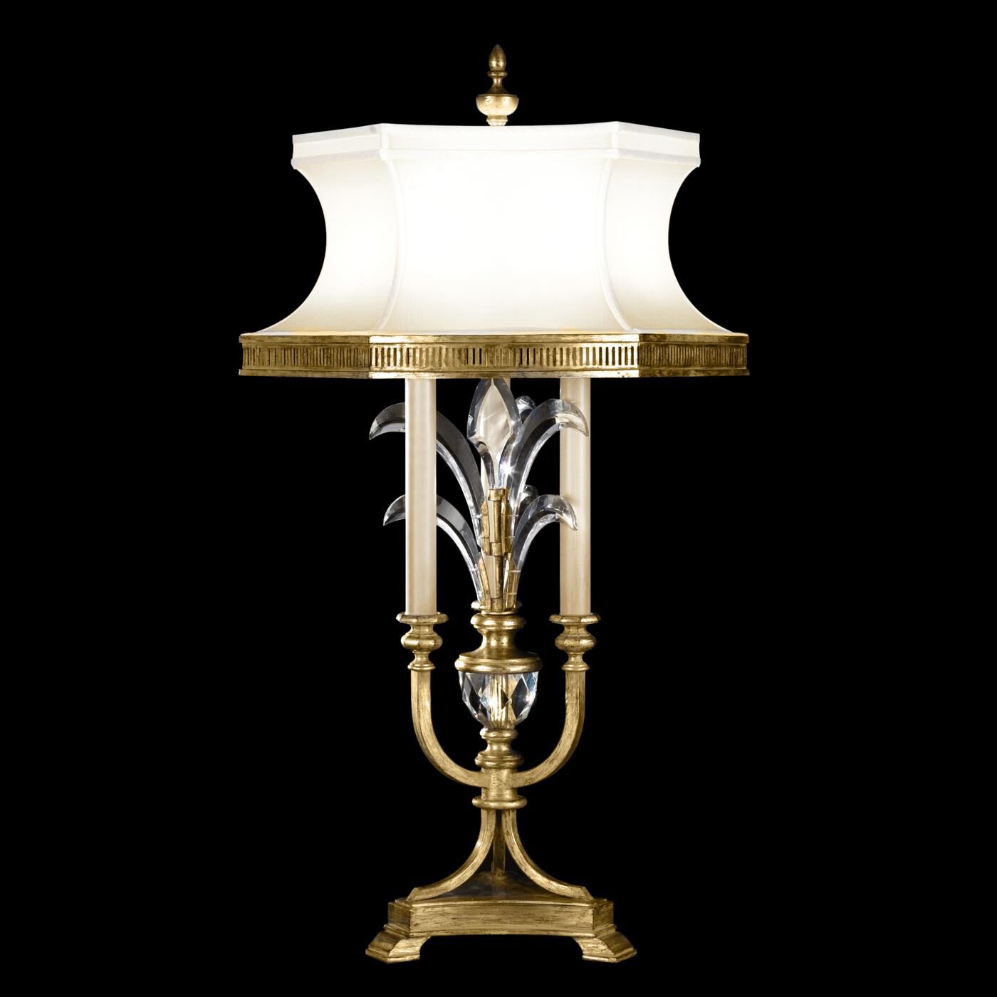 Shown in Warm Muted Gold Leaf finish and Beveled crystal