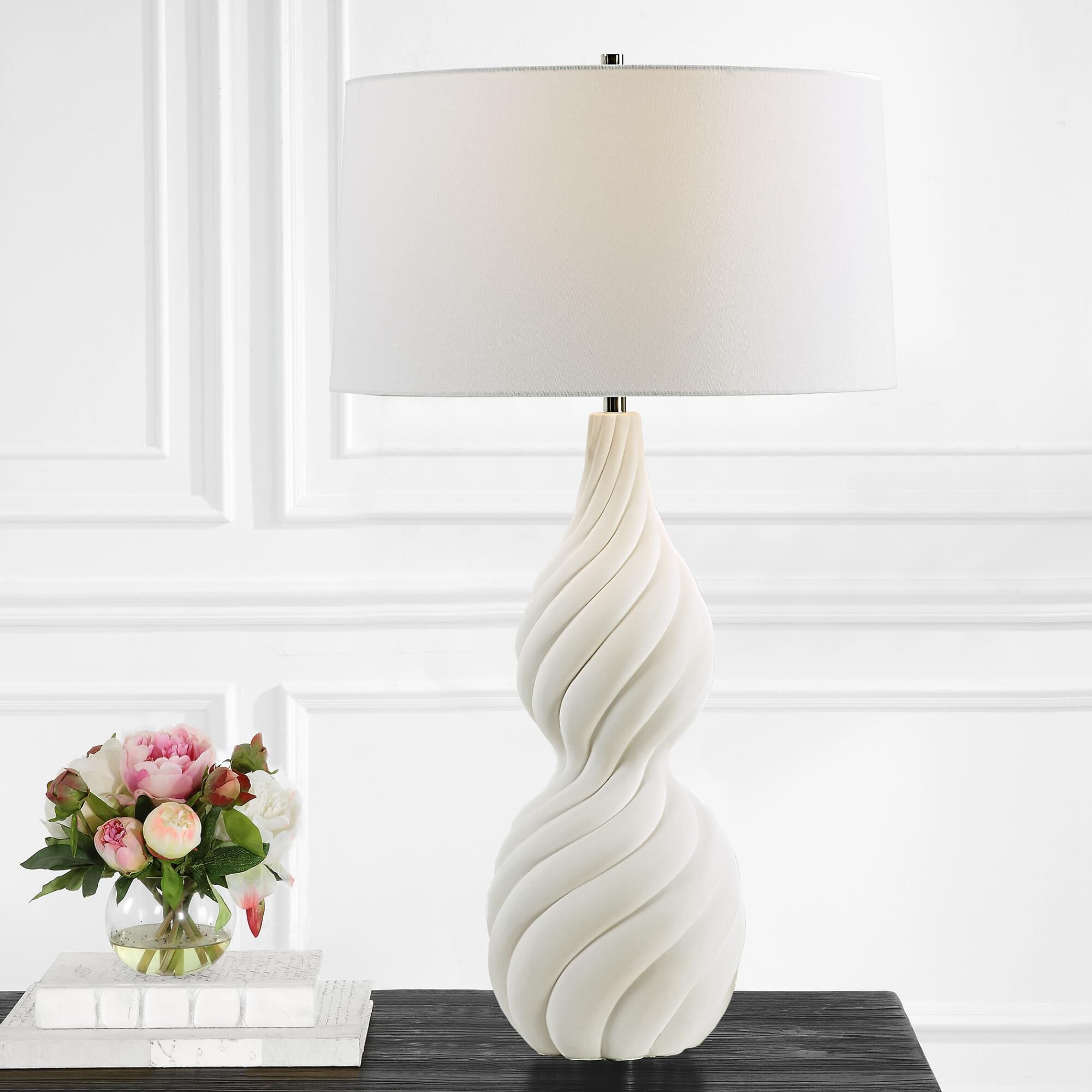 Shown in Swirl White finish and Round Hardback shade