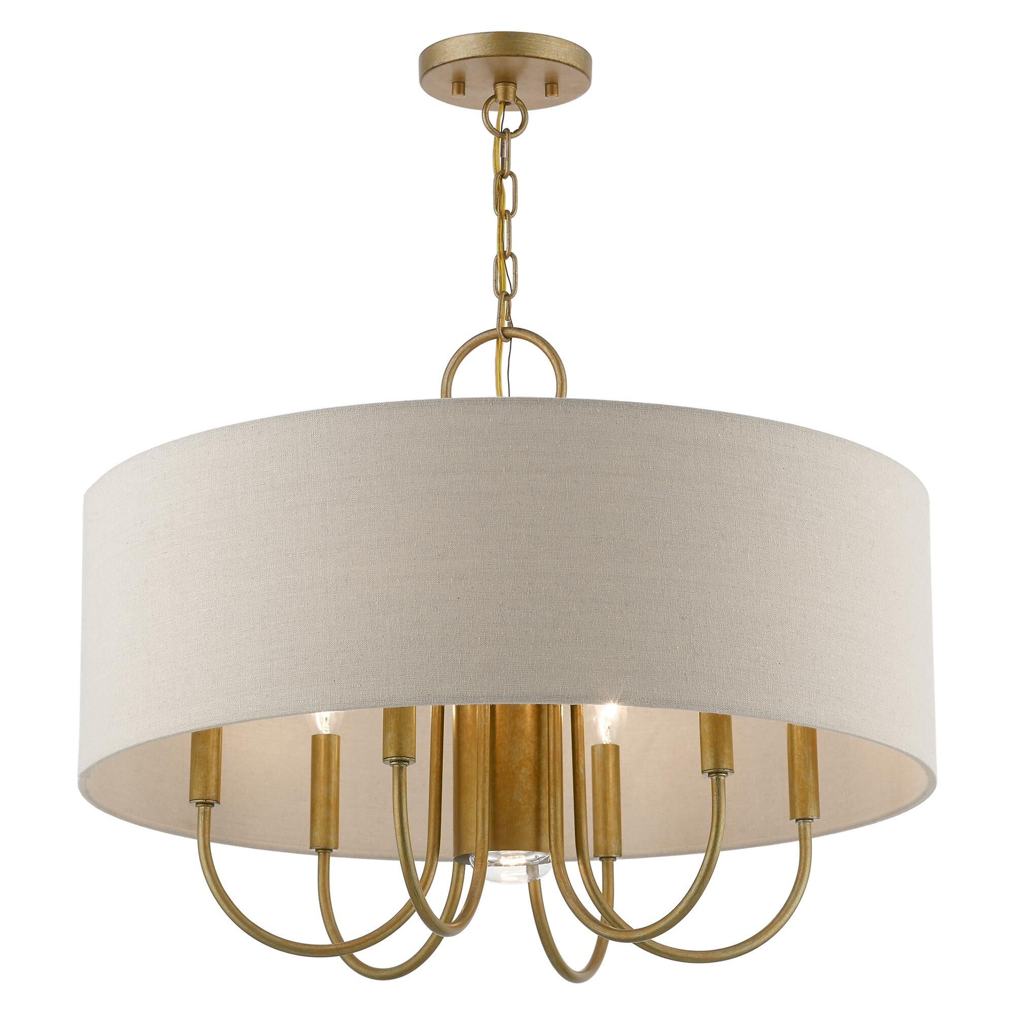 Shown in Antique Gold Leaf with White Accents finish and Hand Crafted Ash-Gray Hardback Fabric shade