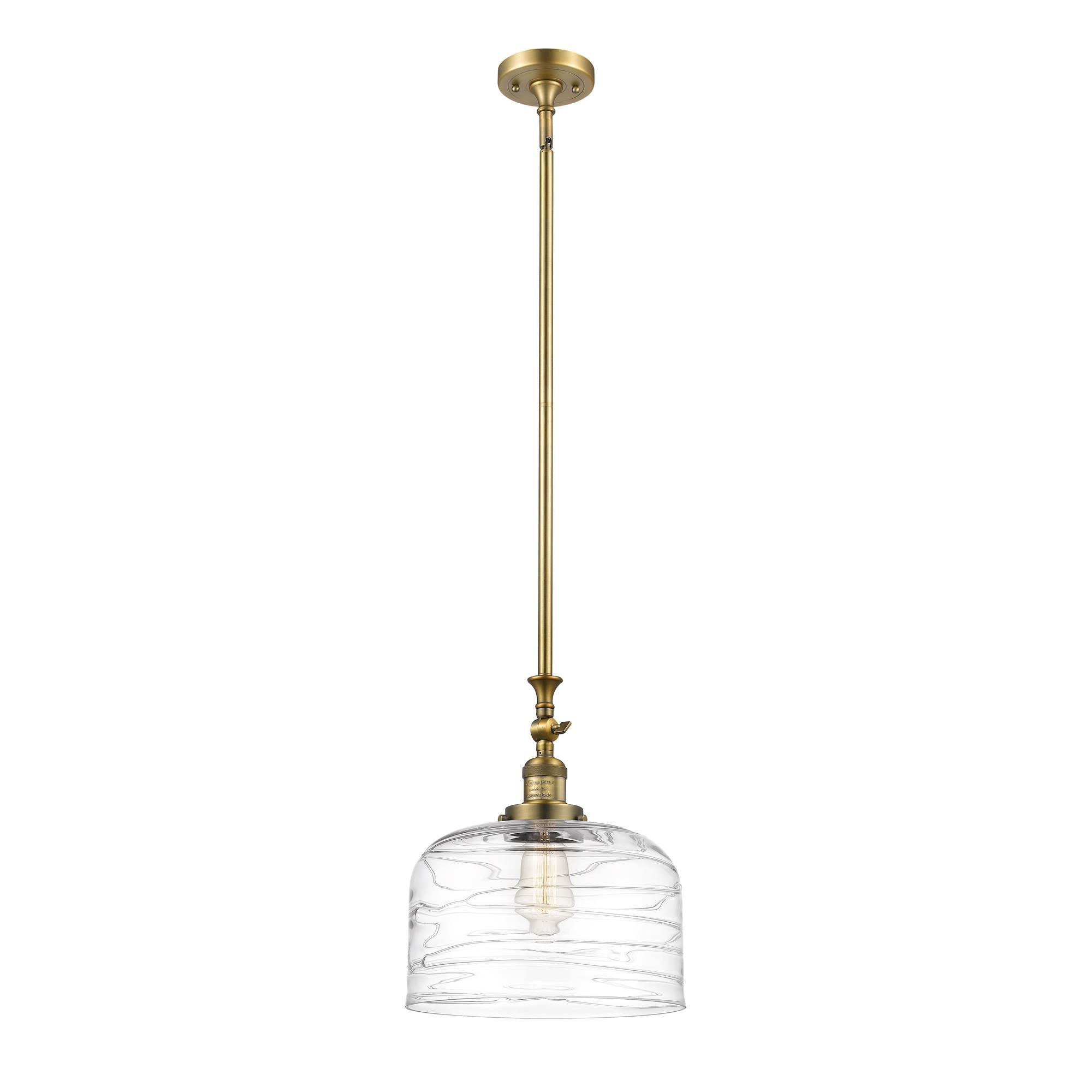 Shown in Brushed Brass finish and Clear Deco Swirl X-Large Bell glass