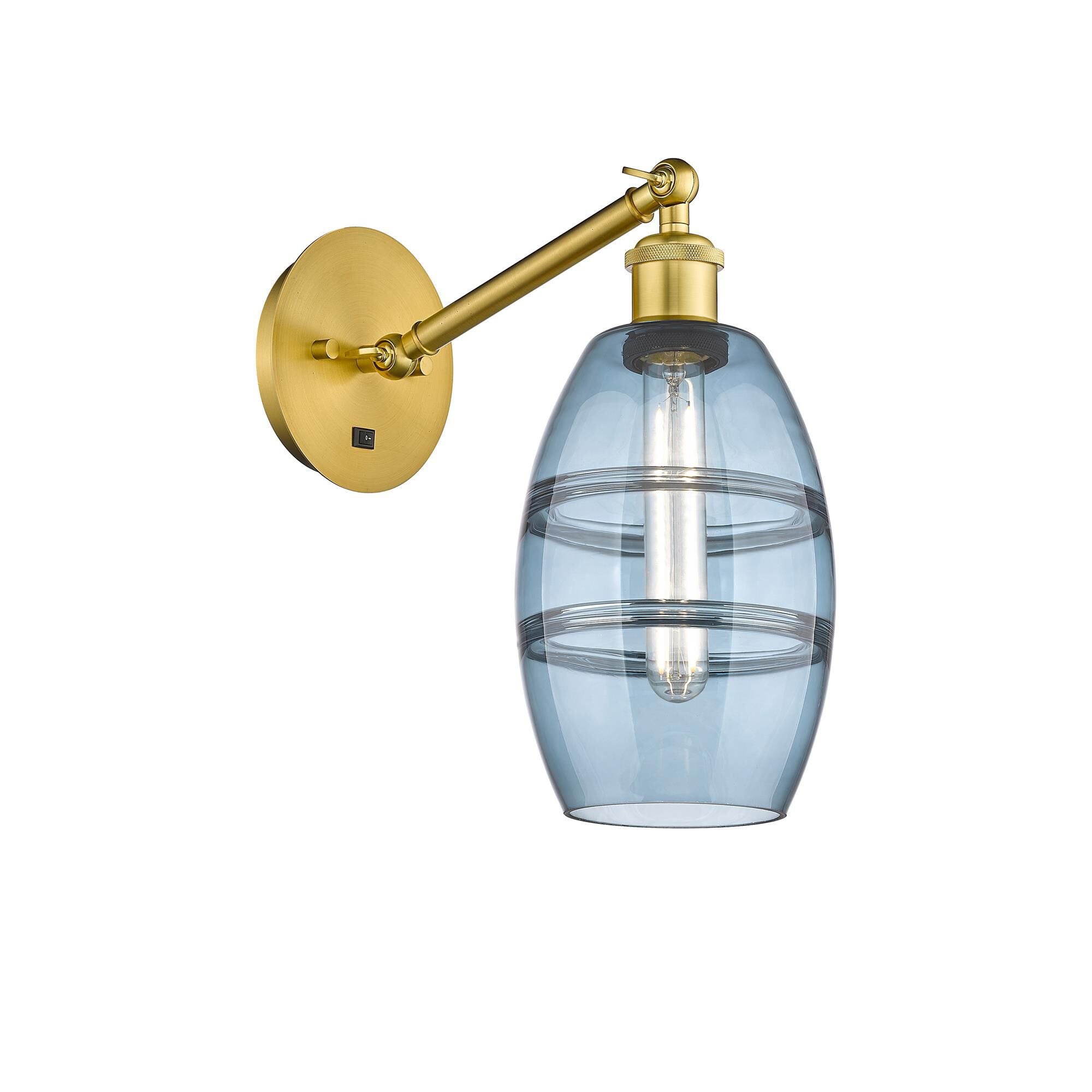 Shown in Satin Gold finish and Princess Blue glass