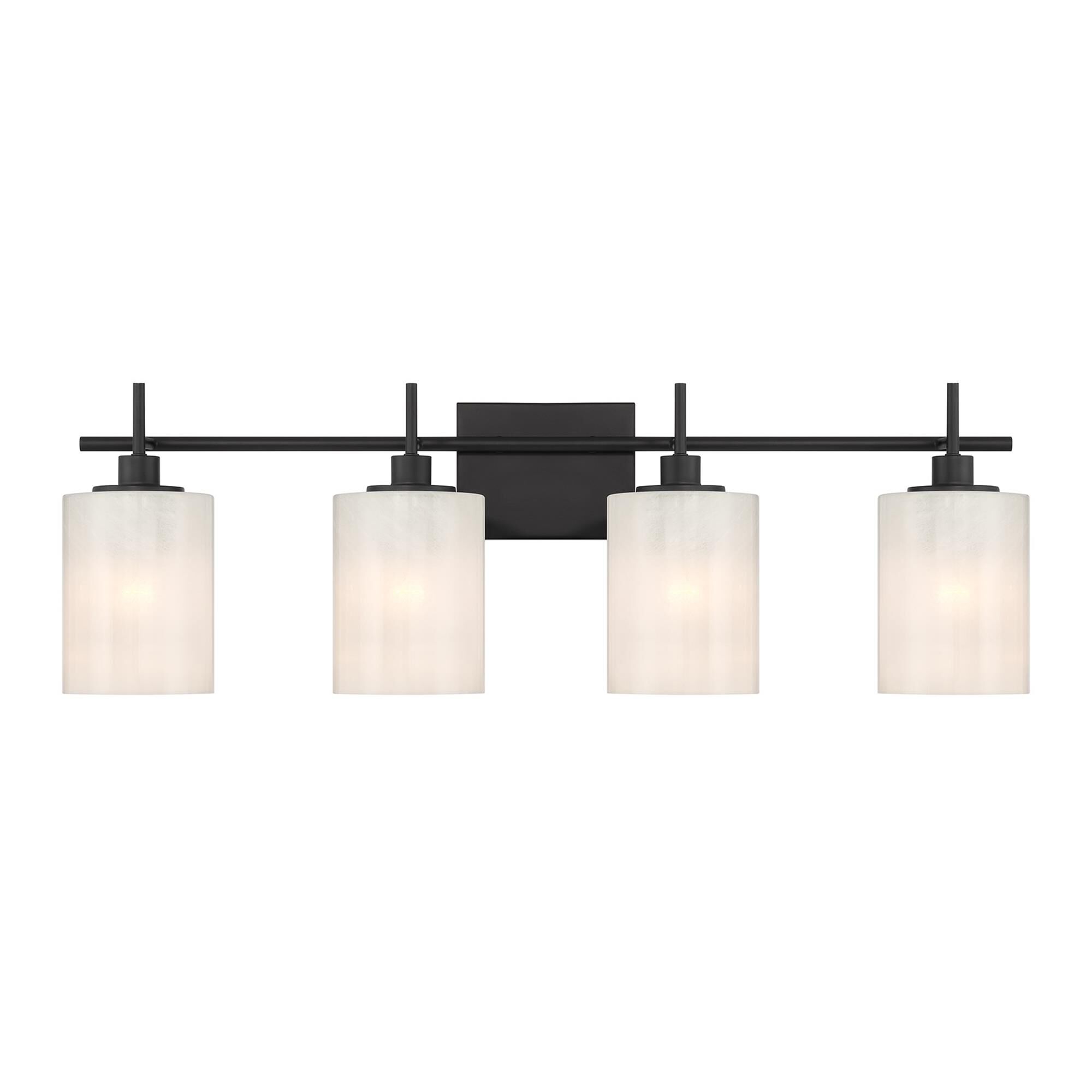 Shown in Matte Black finish and White Strie glass and Glass shade