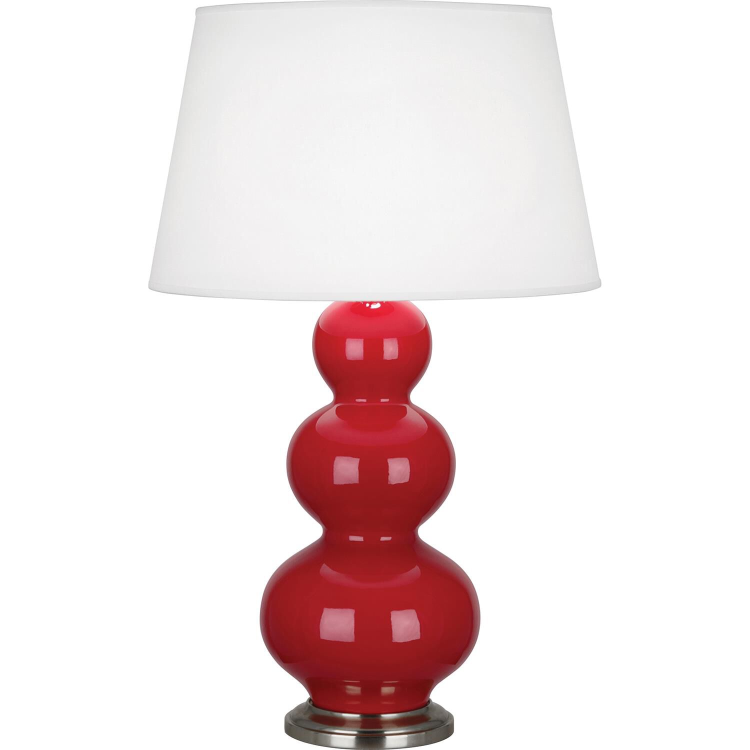 Shown in Ruby Red Glazed Ceramic With Antique Silver ed Accents finish and Pearl Dupioni Fabric shade