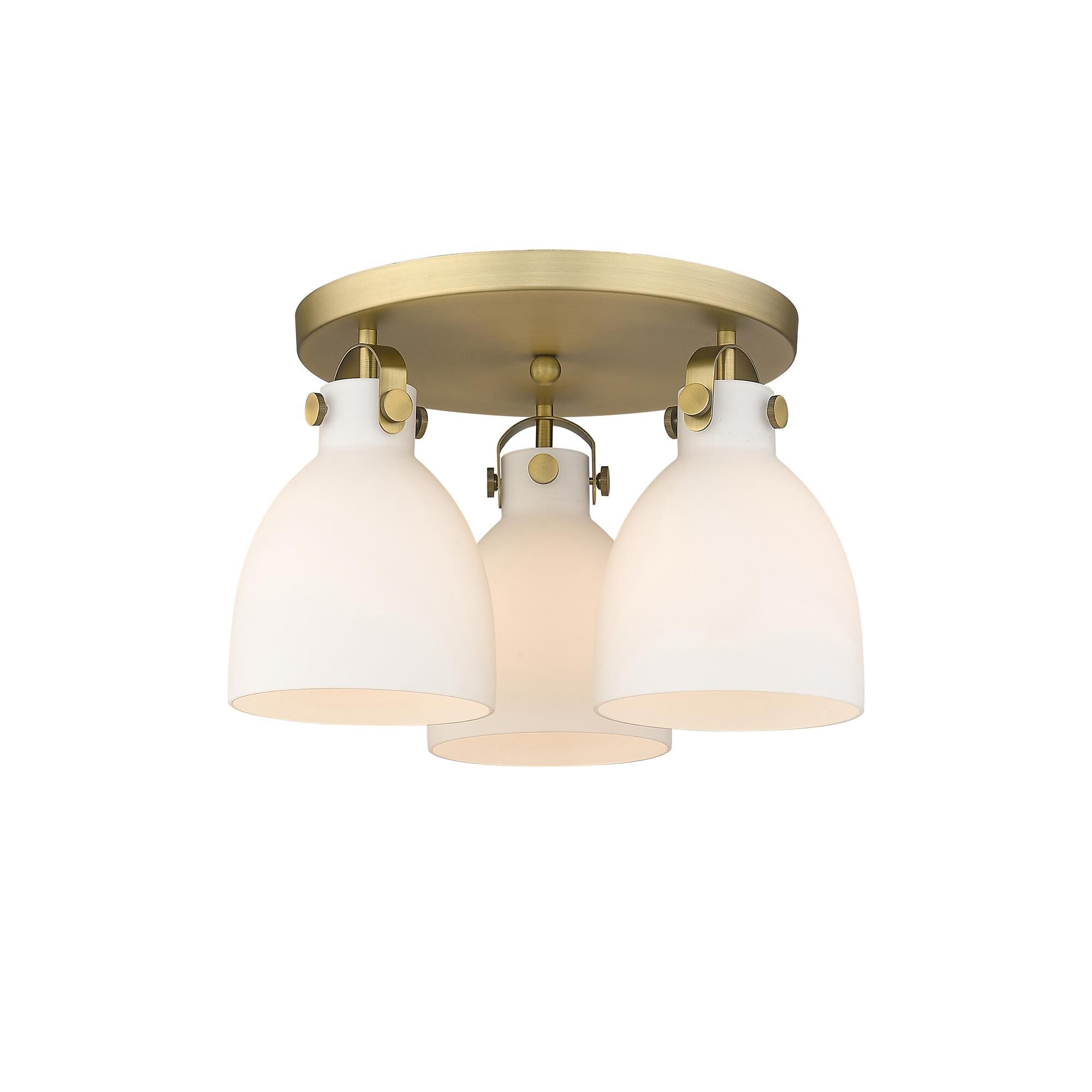 Shown in Brushed Brass finish and Matte White glass
