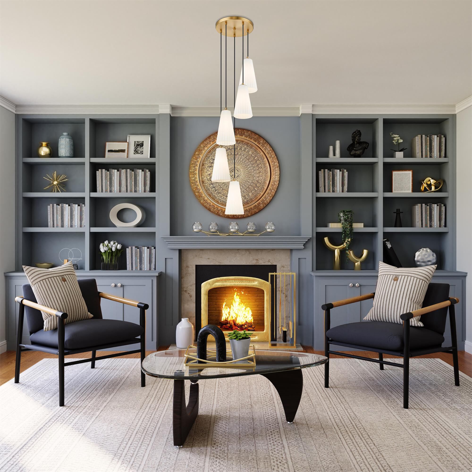Shown in Modern Gold finish and White glass and White shade