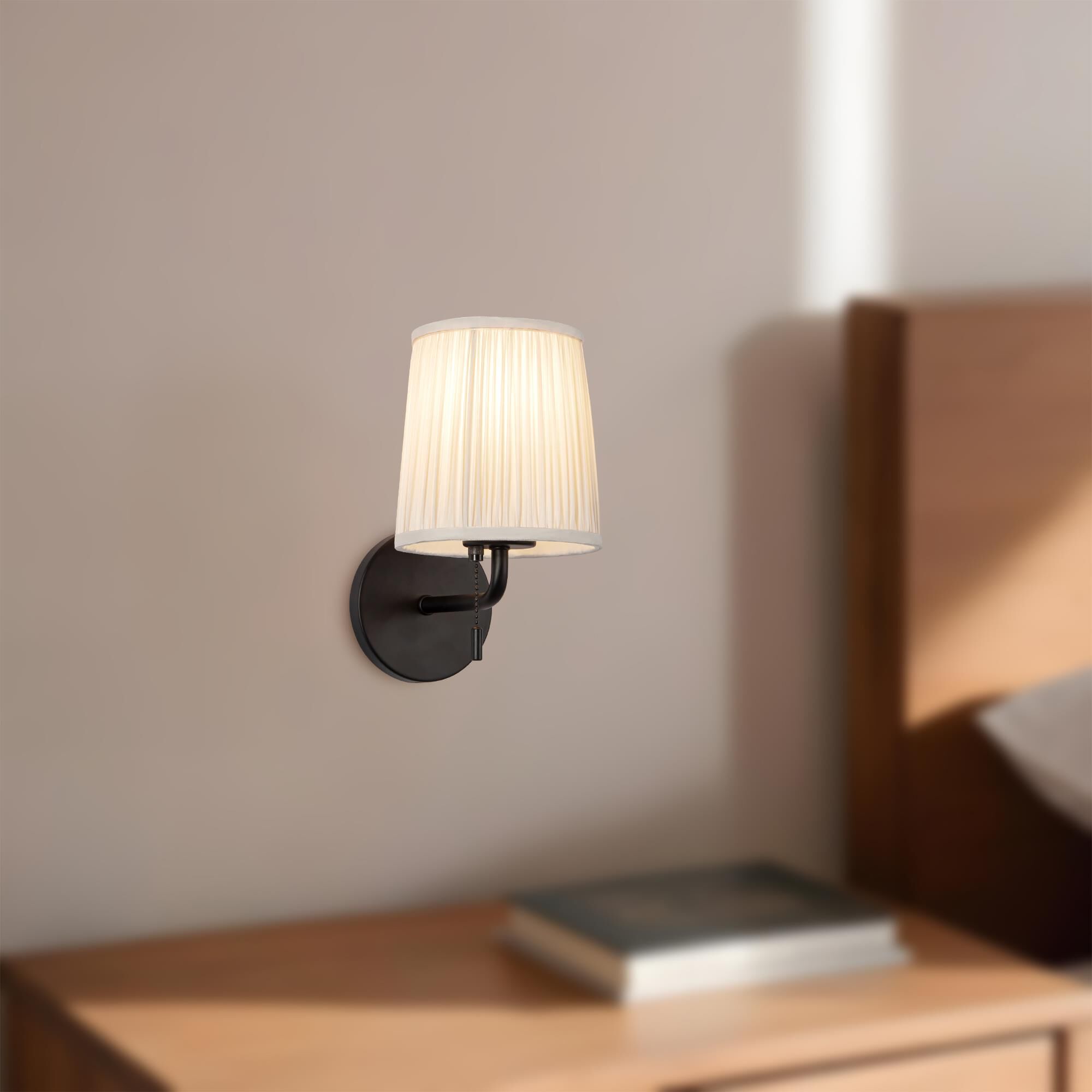 Shown in Matte Black finish and White Linen shade