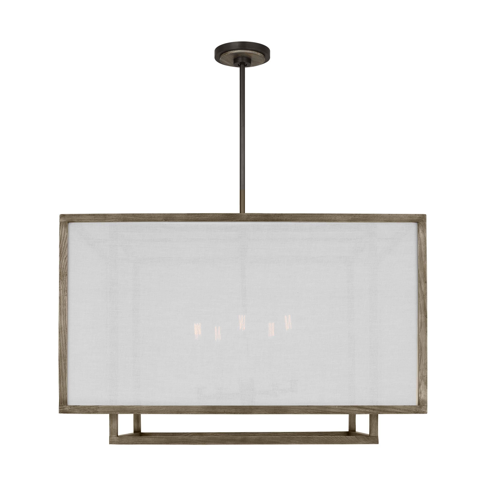 Shown in Weathered Oak Wood finish and White Linen Fabric s shade