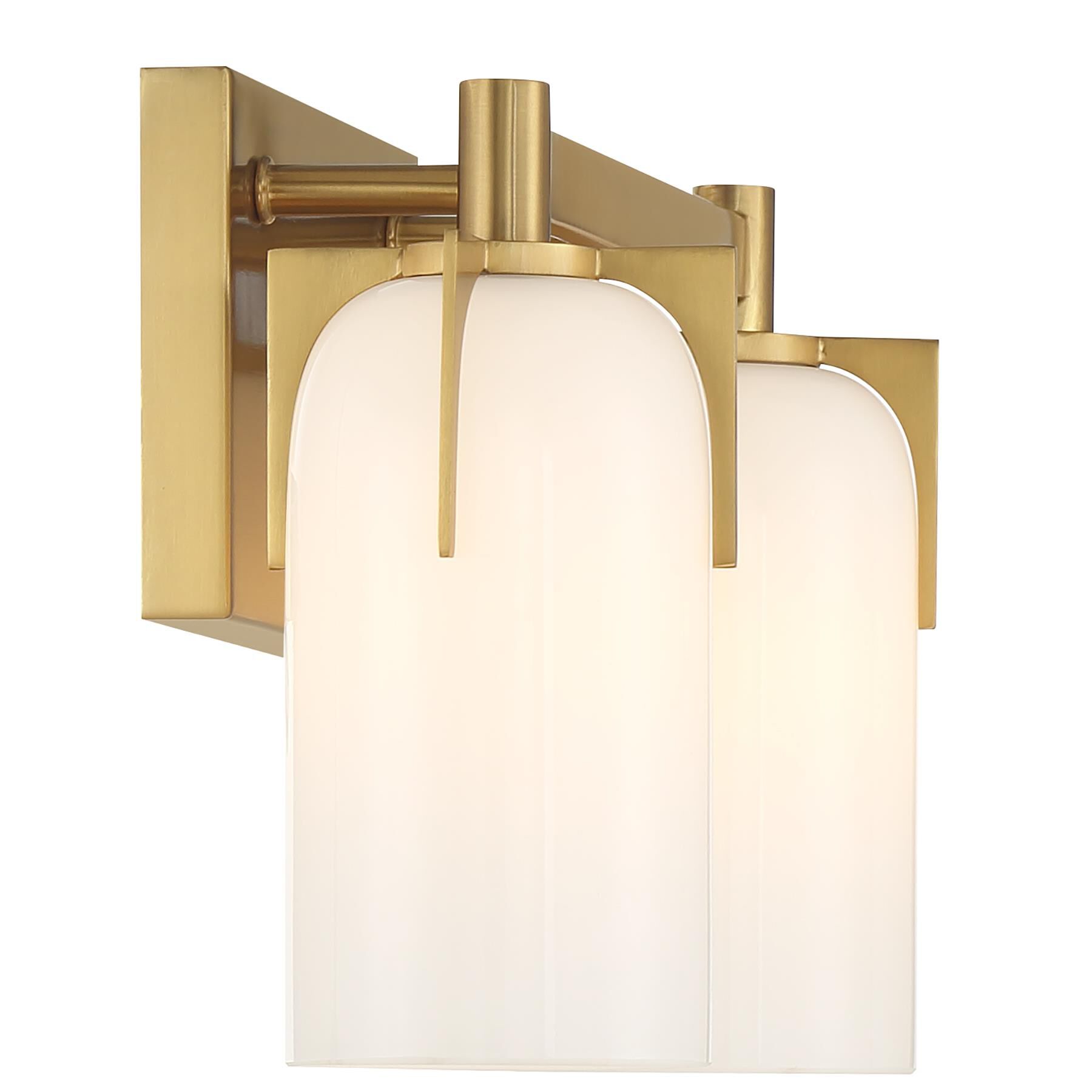 Shown in Warm Brass finish and Etched White Opal glass