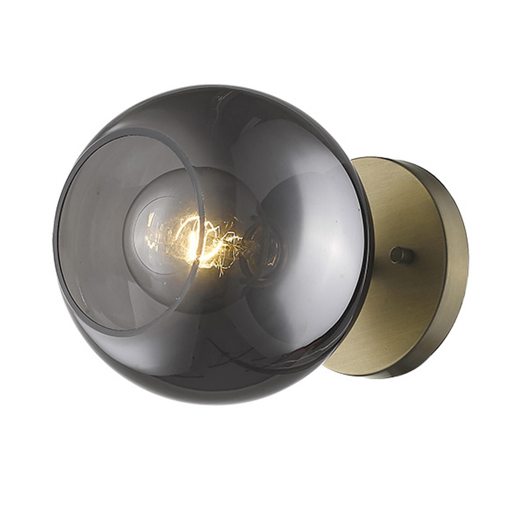 Shown in Aged Brass finish and Smoke glass and Smoke Glass Globes shade