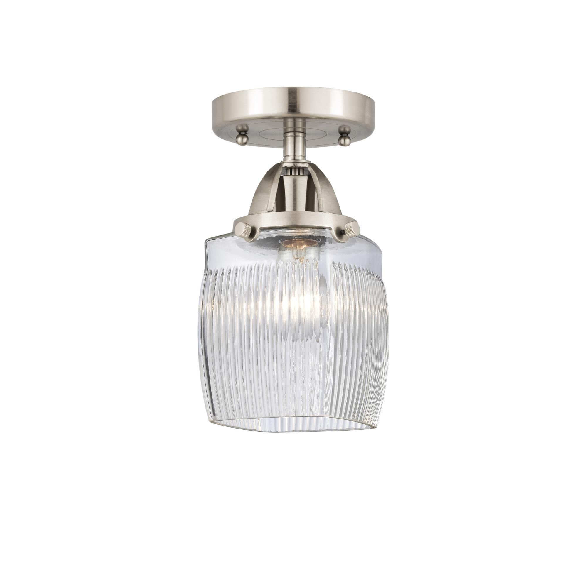 Shown in Brushed Satin Nickel finish and Thick Clear Halophane Colton glass and No Shade shade