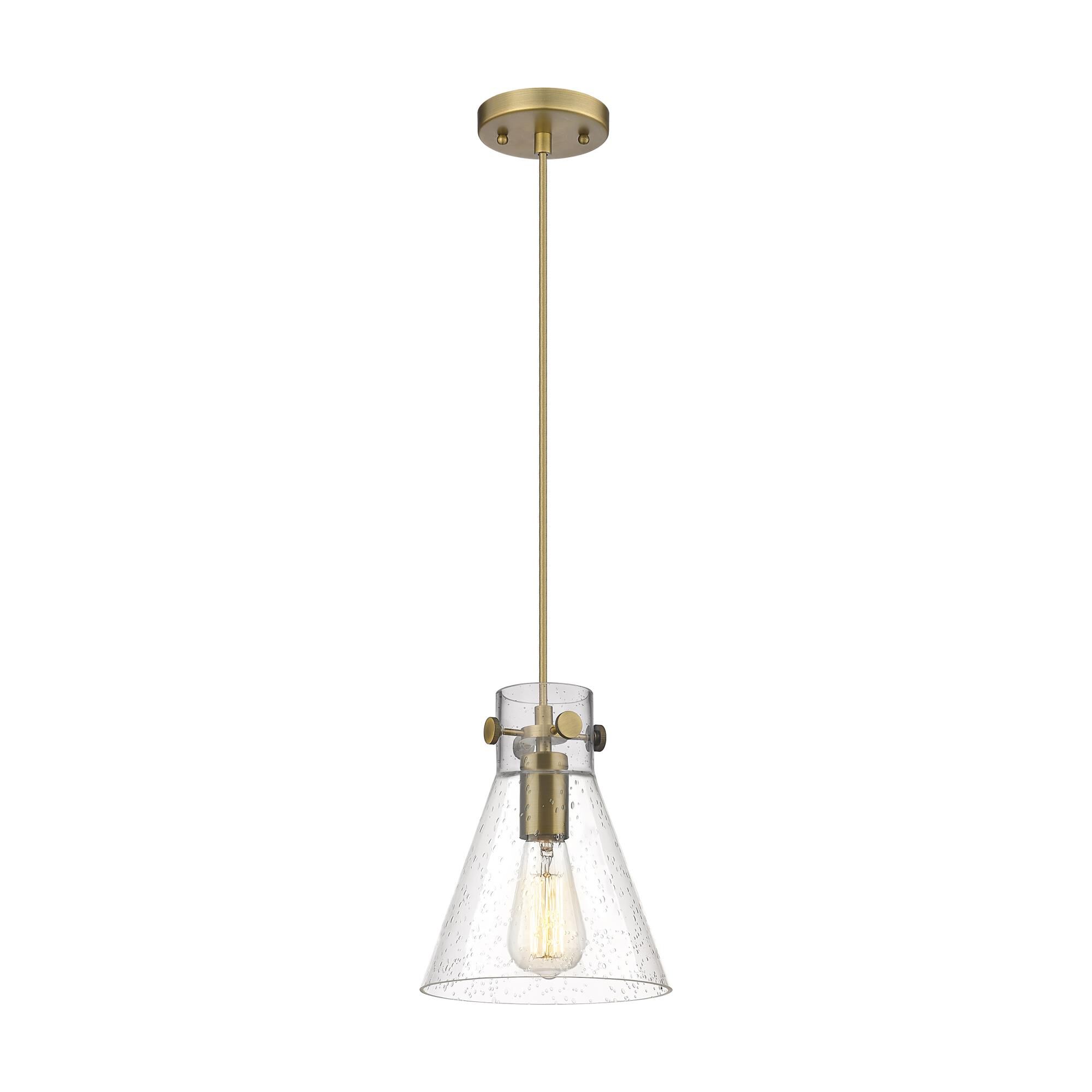 Shown in Brushed Brass finish and Seedy glass