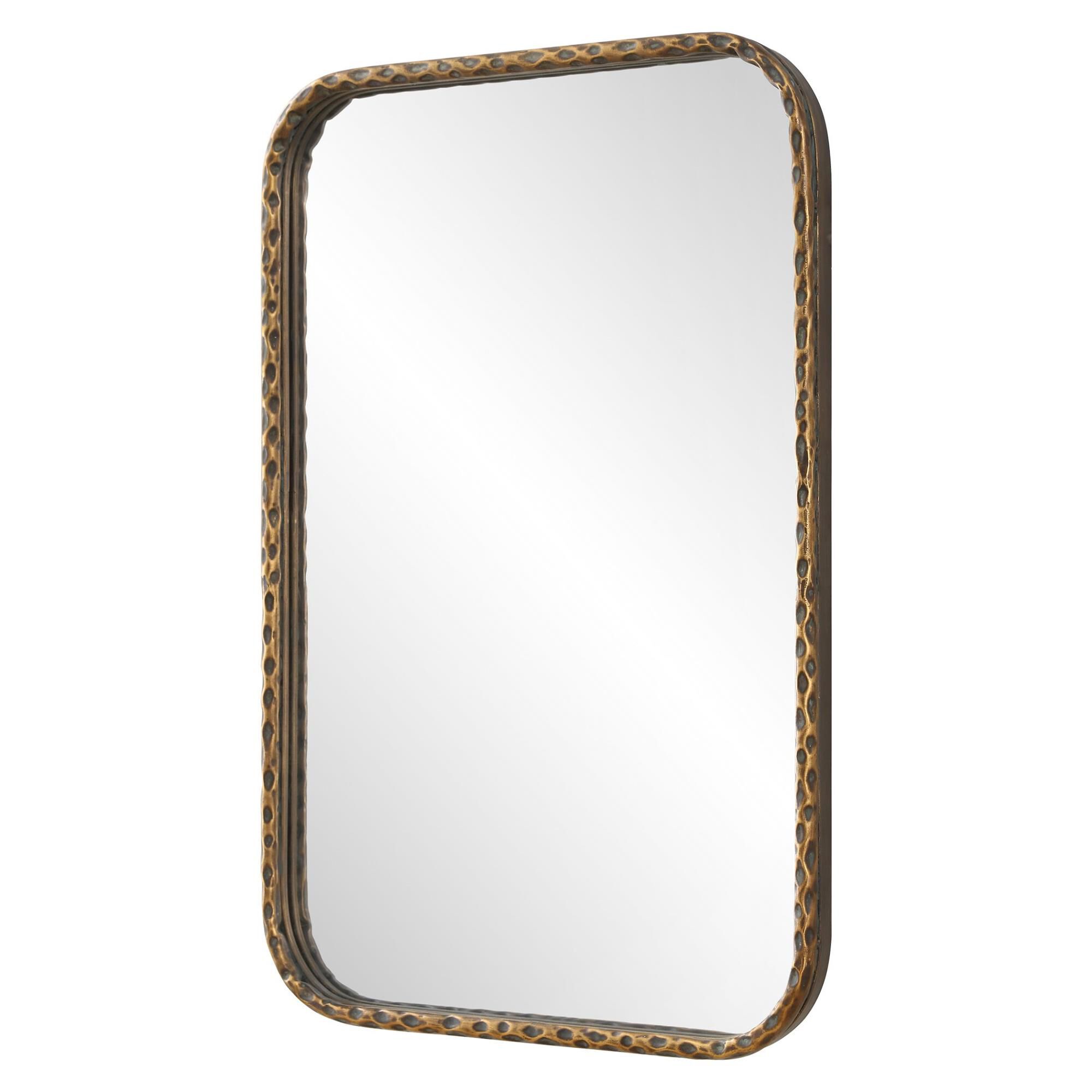 Shown in This Vanity Mirror Features A Hammered Textured Iron Frame Finished In An Aged Bronze With Intricate finish
