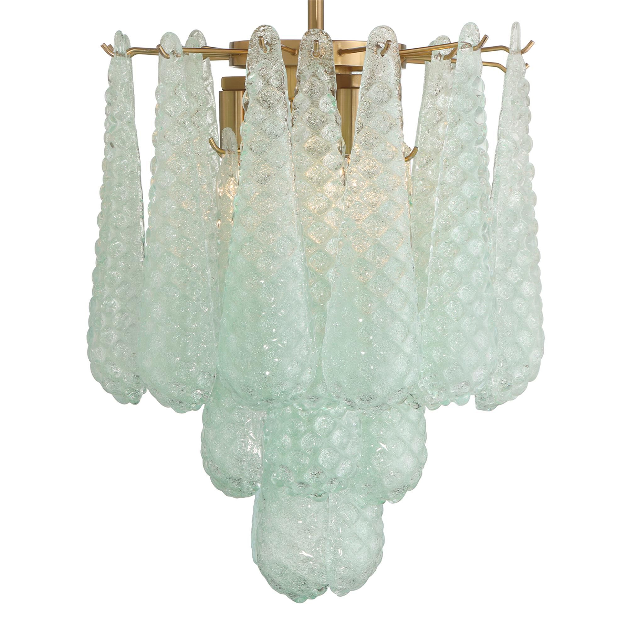 Shown in Aged Brass finish and Sand Green glass