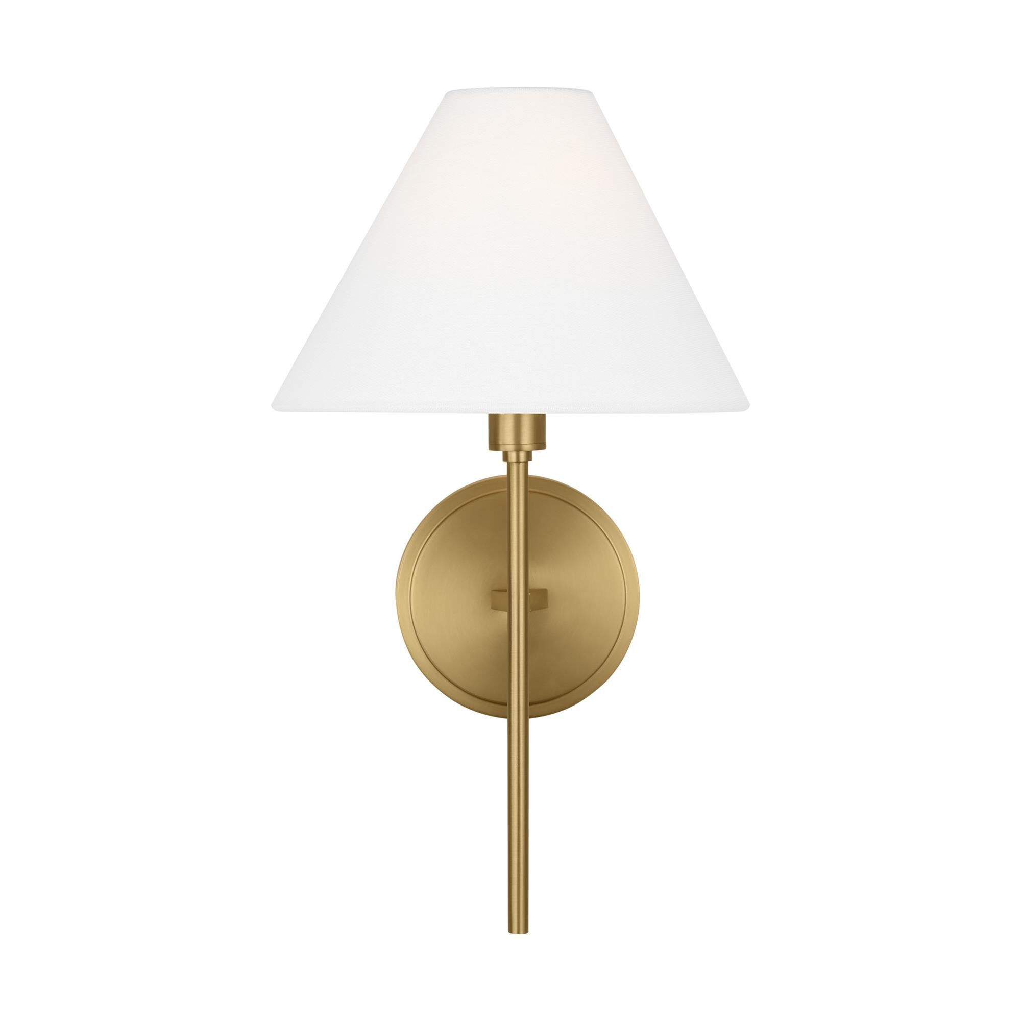 Shown in Burnished Brass finish and White Linen shade
