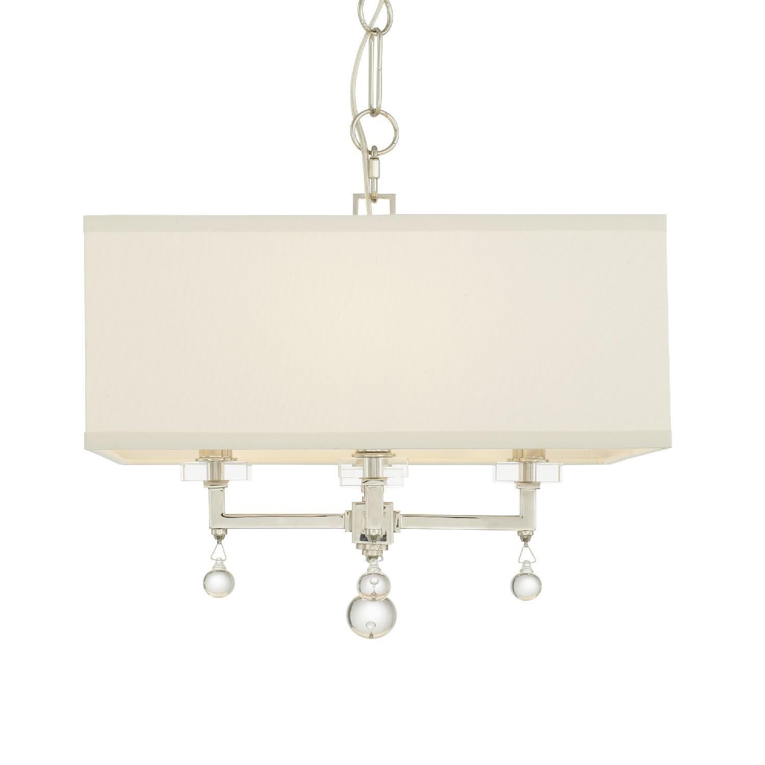 Shown in Polished Nickel finish and Clear Glass Drops crystal and Silk glass and White shade
