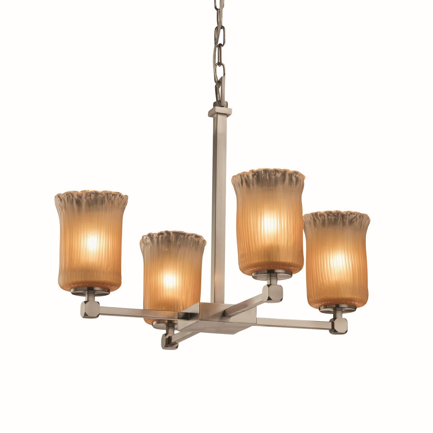 Shown in Brushed Nickel finish and Gold with Clear Rim Venetian glass and Cylinder with Rippled Rim accent