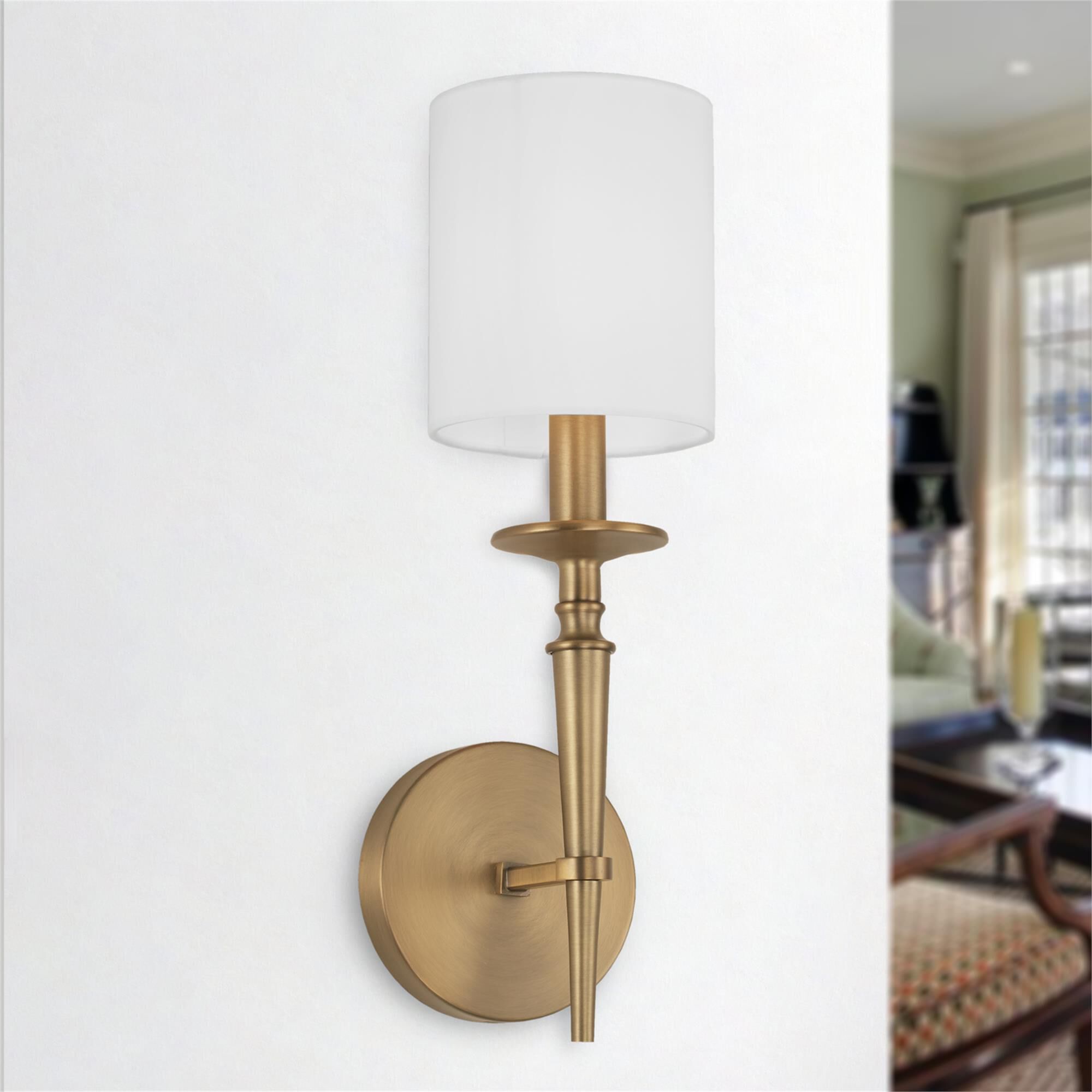 Shown in Aged Brass finish and 701 glass and White Fabric Stay-Straight shade