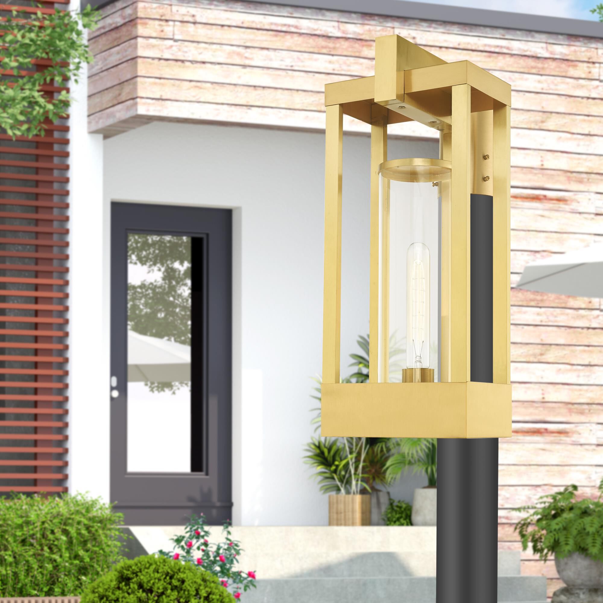 Shown in Satin Brass finish and Cylinder Clear glass