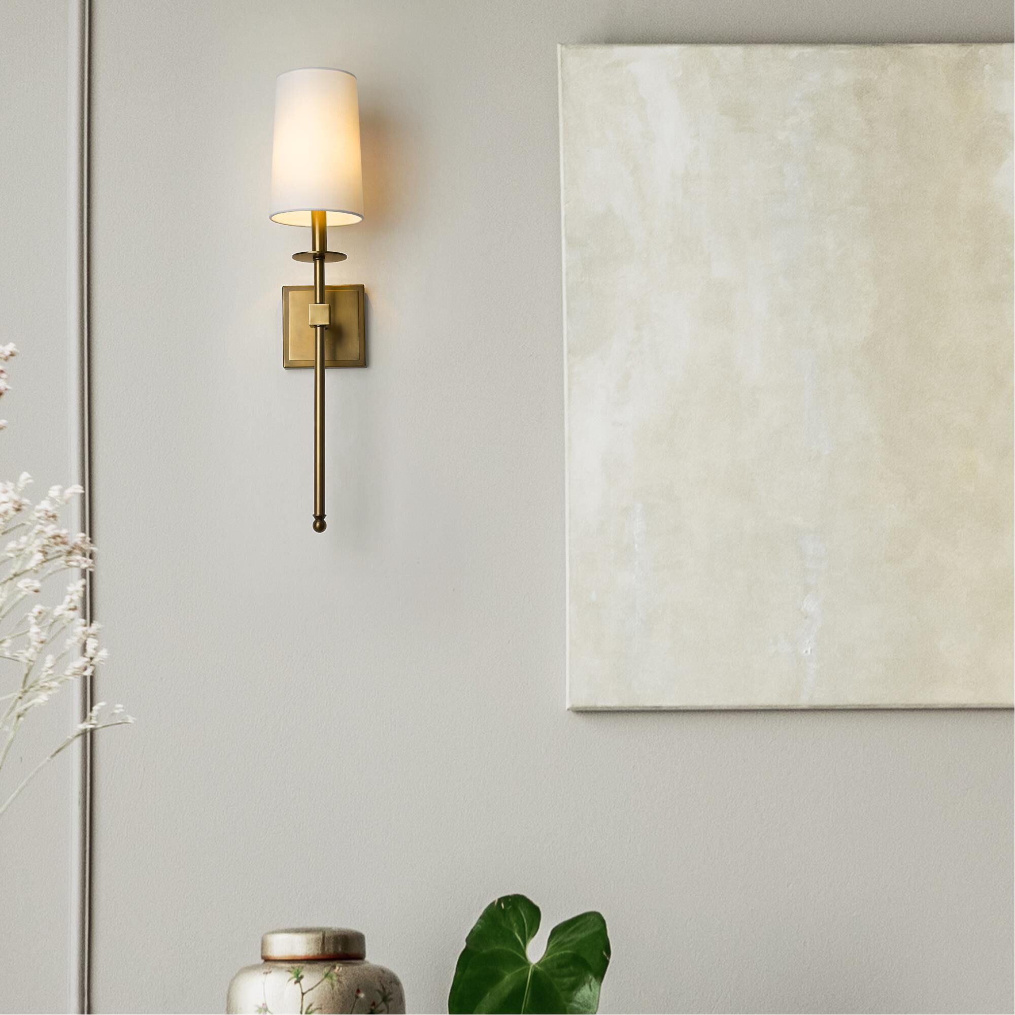 Shown in Rubbed Brass finish and Fabric shade
