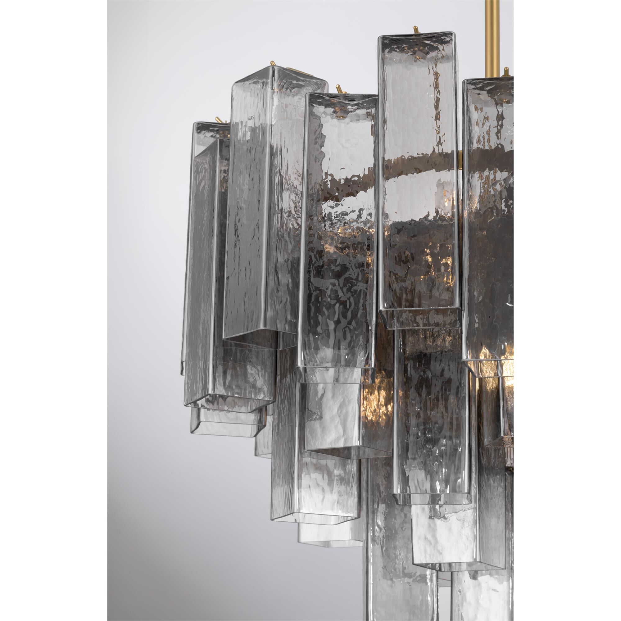 Shown in Legacy Brass finish and Grey Smoke Handmade glass