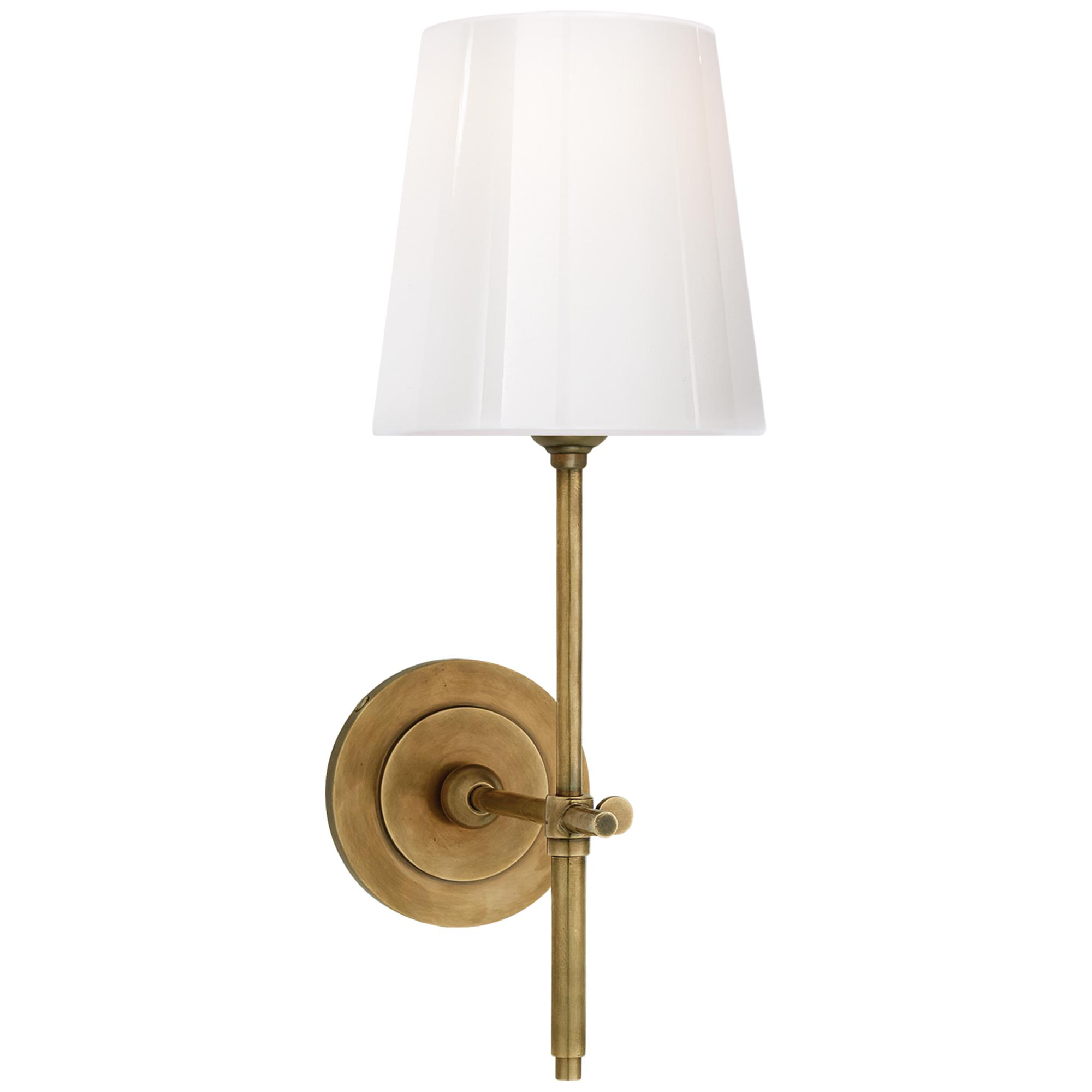 Shown in Hand-Rubbed Antique Brass finish and White glass