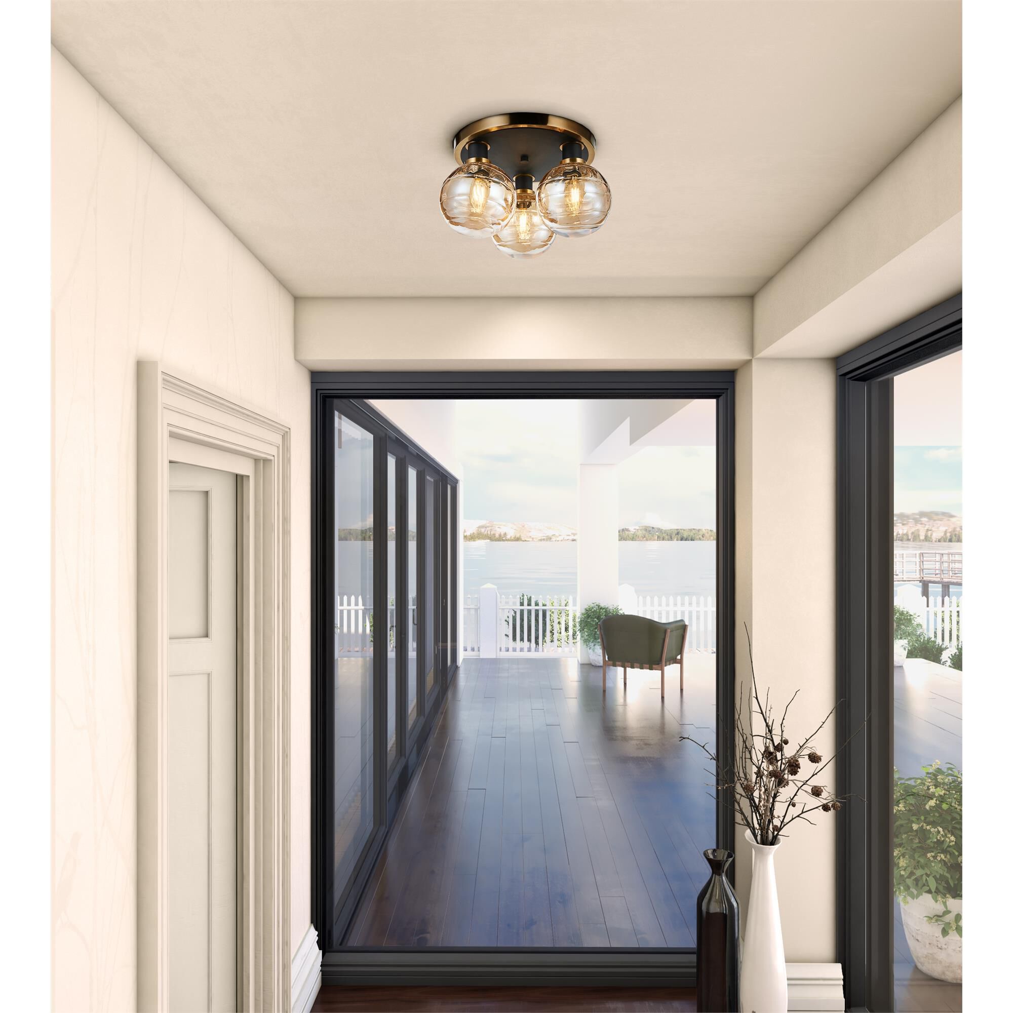 Shown in Black and Brushed Brass finish and Amber glass