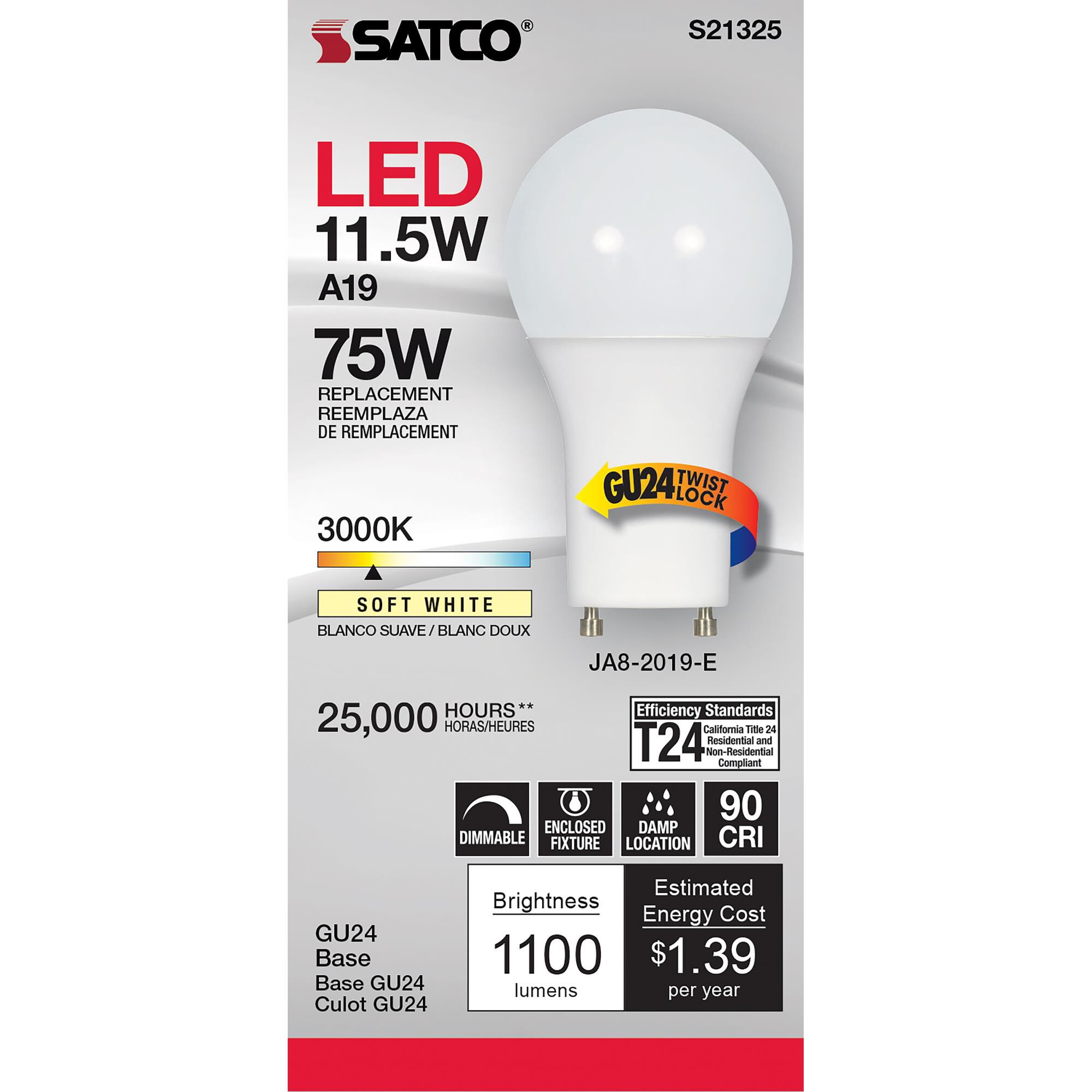 Dimmable 11.5 Watt 3000K A19 LED Light Bulb by Satco