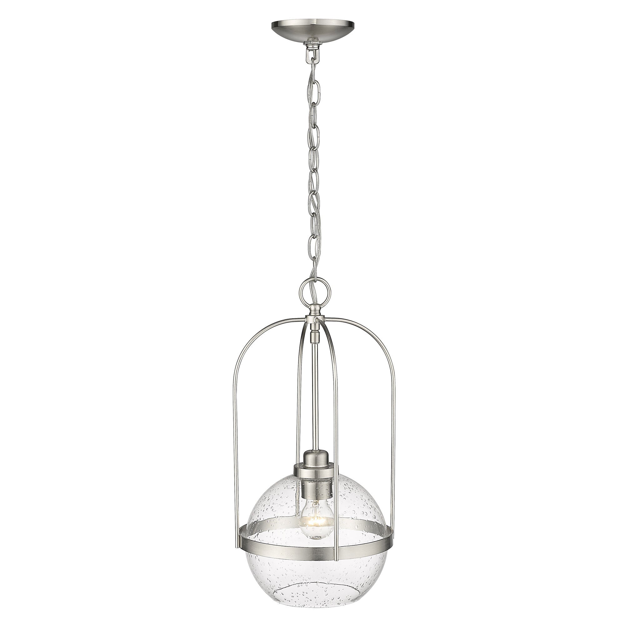 Shown in Brushed Nickel finish and Clear Seeded glass