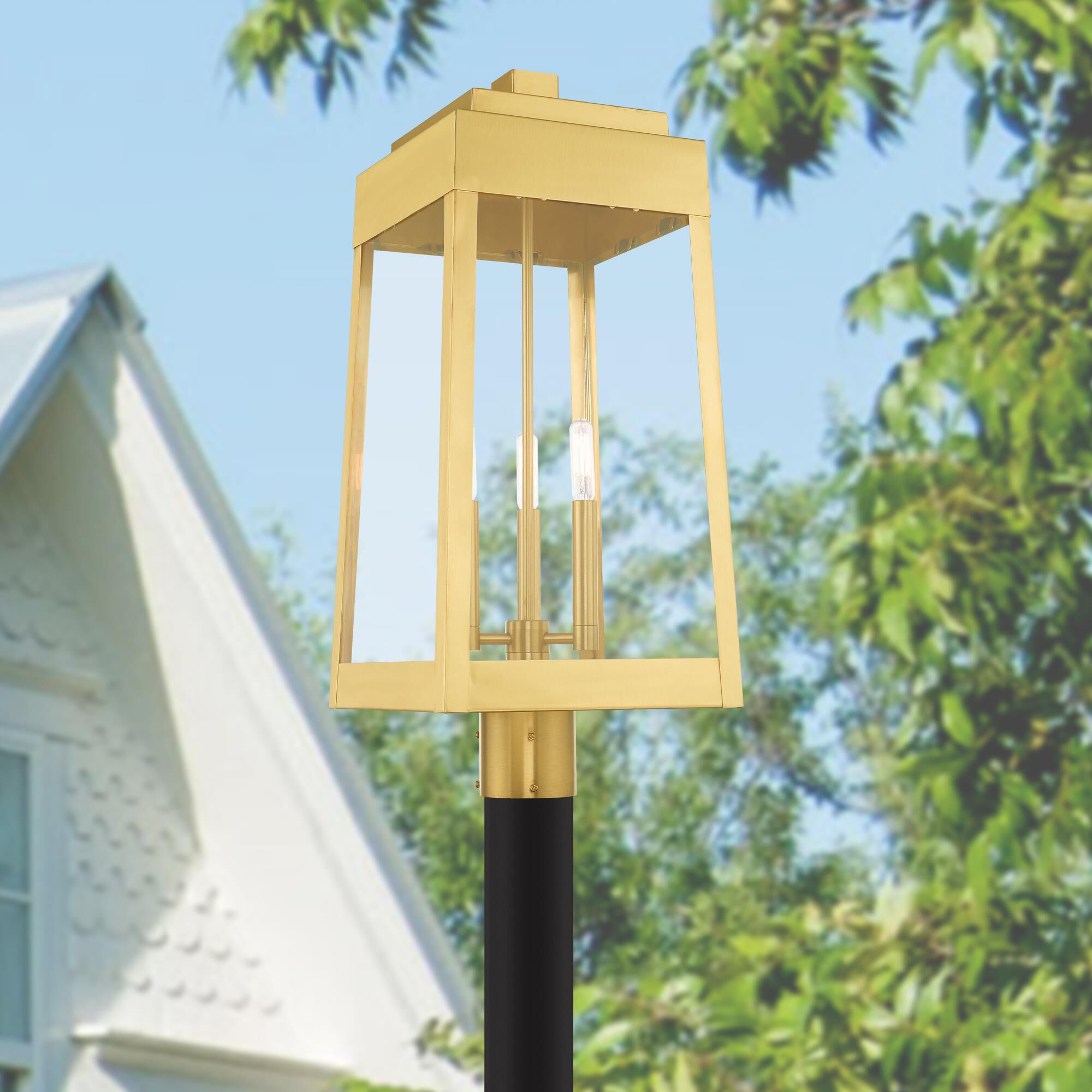 Shown in Satin Brass finish and Clear glass