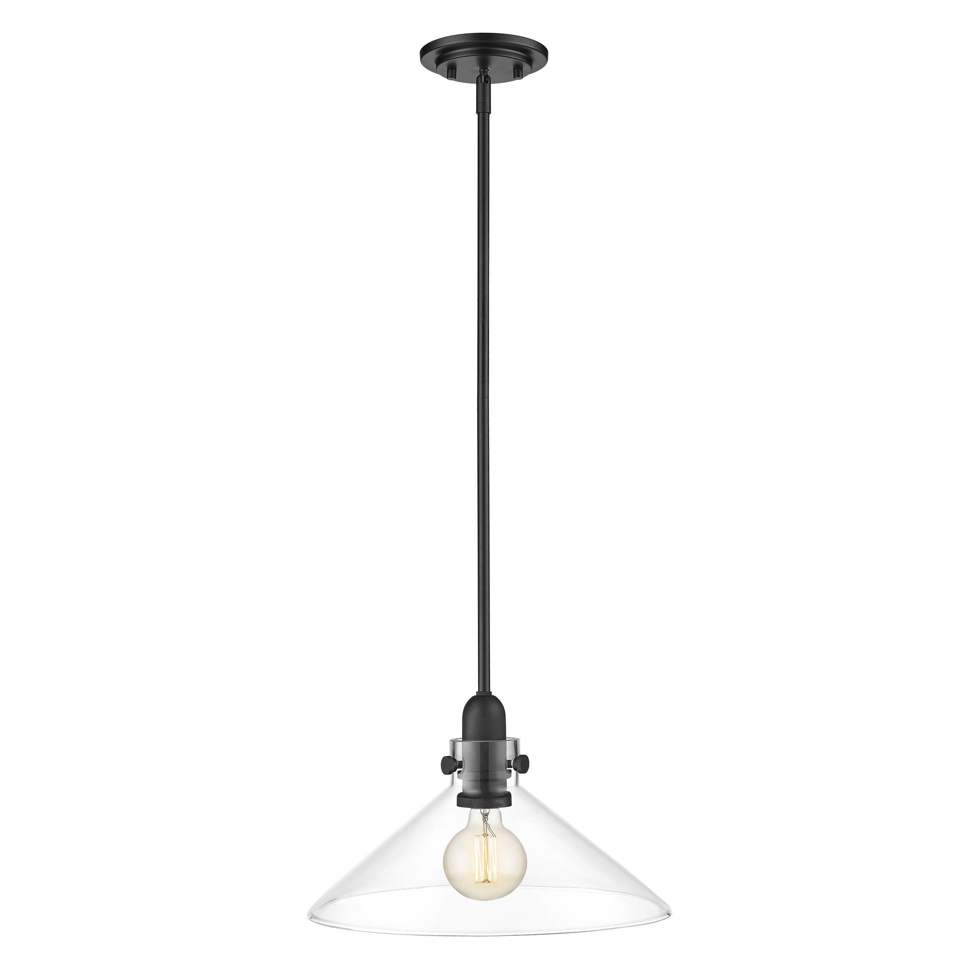 Shown in Matte Black finish and Clear Glass shade