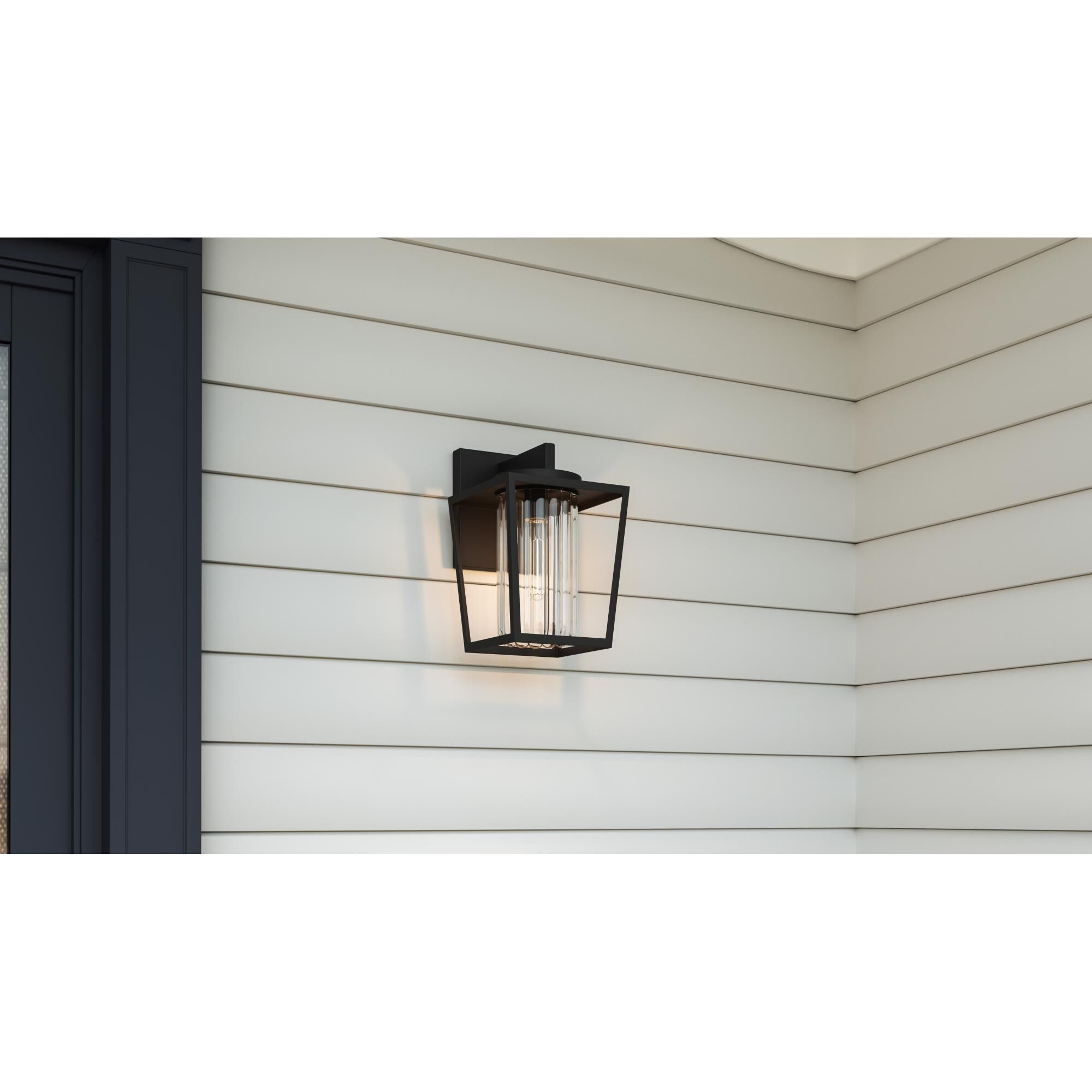 Shown in Matte Black finish and Clear with Ribbed Interior, Clear Tempered Panel glass